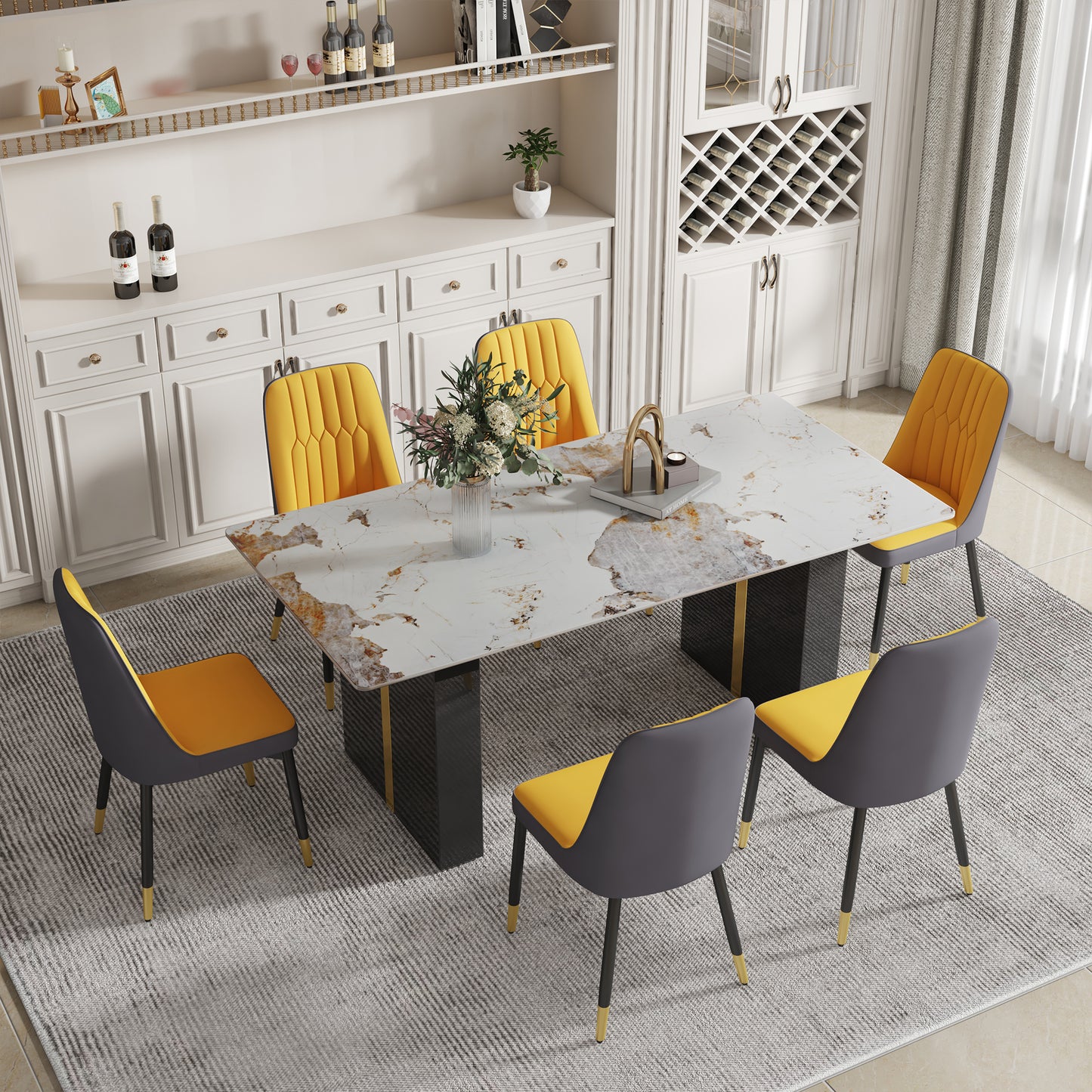 Melysen Large Modern Rectangular Table with A 0.39-Inch Patterned Tabletop and Large Mdf Table Legs, Chairs with Pu Backrest Cushions and Black Metal Table Legs.(6 Chair)