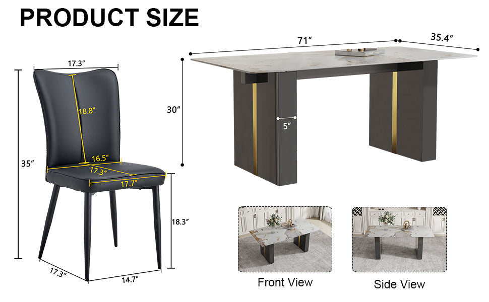 Melysen Large Modern Rectangular Table with A 0.39-Inch Patterned Tabletop and Large Mdf Table Legs, Chairs with Pu Backrest Cushions and Black Metal Table Legs.(6 Chair),Black