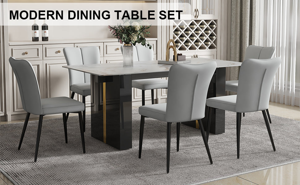 Melysen Large Modern Rectangular Table with A 0.39-Inch Patterned Tabletop and Large Mdf Table Legs, Chairs with Pu Backrest Cushions and Black Metal Table Legs.(8 Chair),Grey