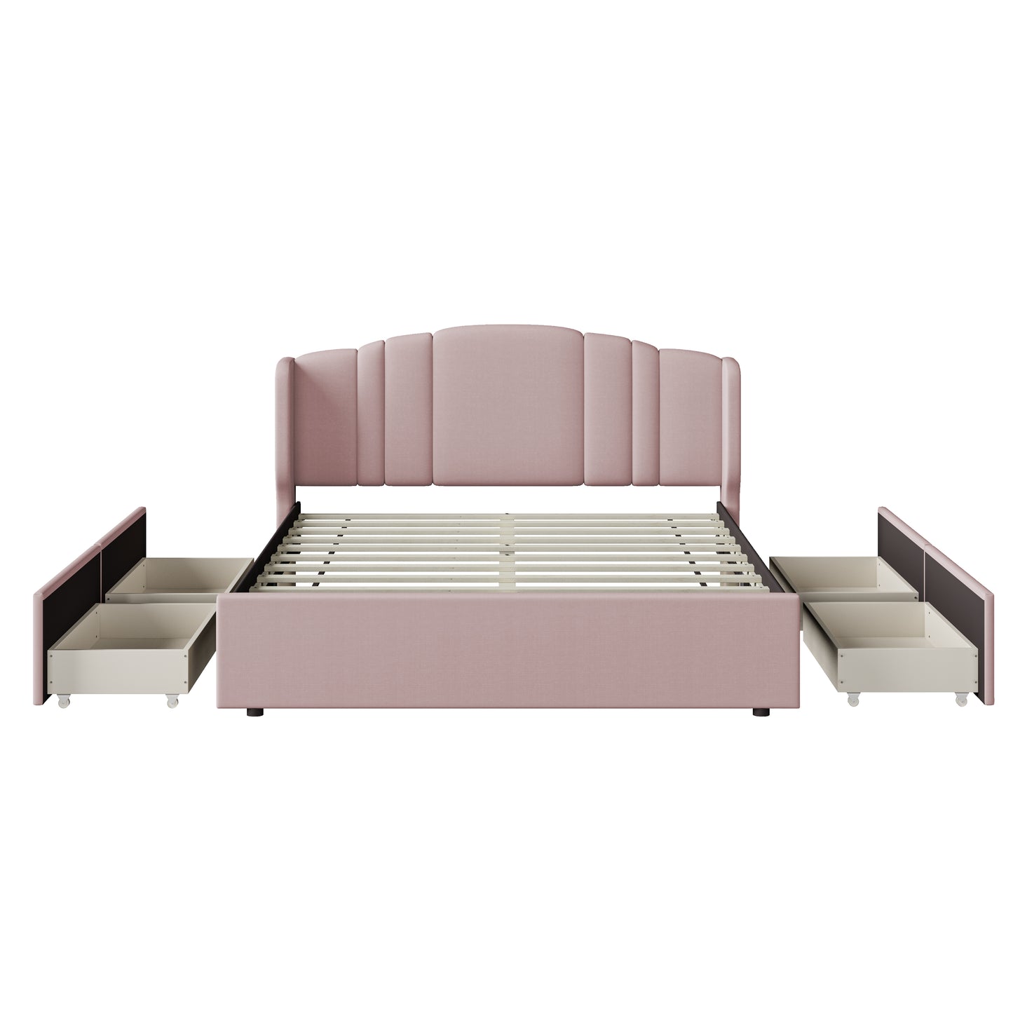 Melysen Upholstered Platform Bed with Wingback Headboard and 4 Drawers, No Box Spring Needed, Linen Fabric, Queen Size Pink