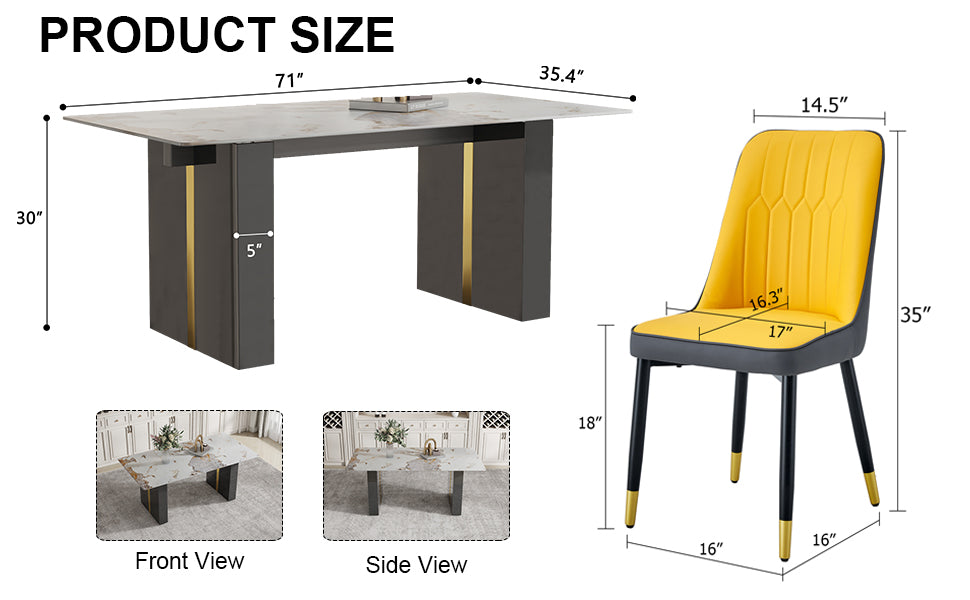 Melysen Large Modern Rectangular Table with A 0.39-Inch Patterned Tabletop and Large Mdf Table Legs, Chairs with Pu Backrest Cushions and Black Metal Table Legs.(6 Chair)