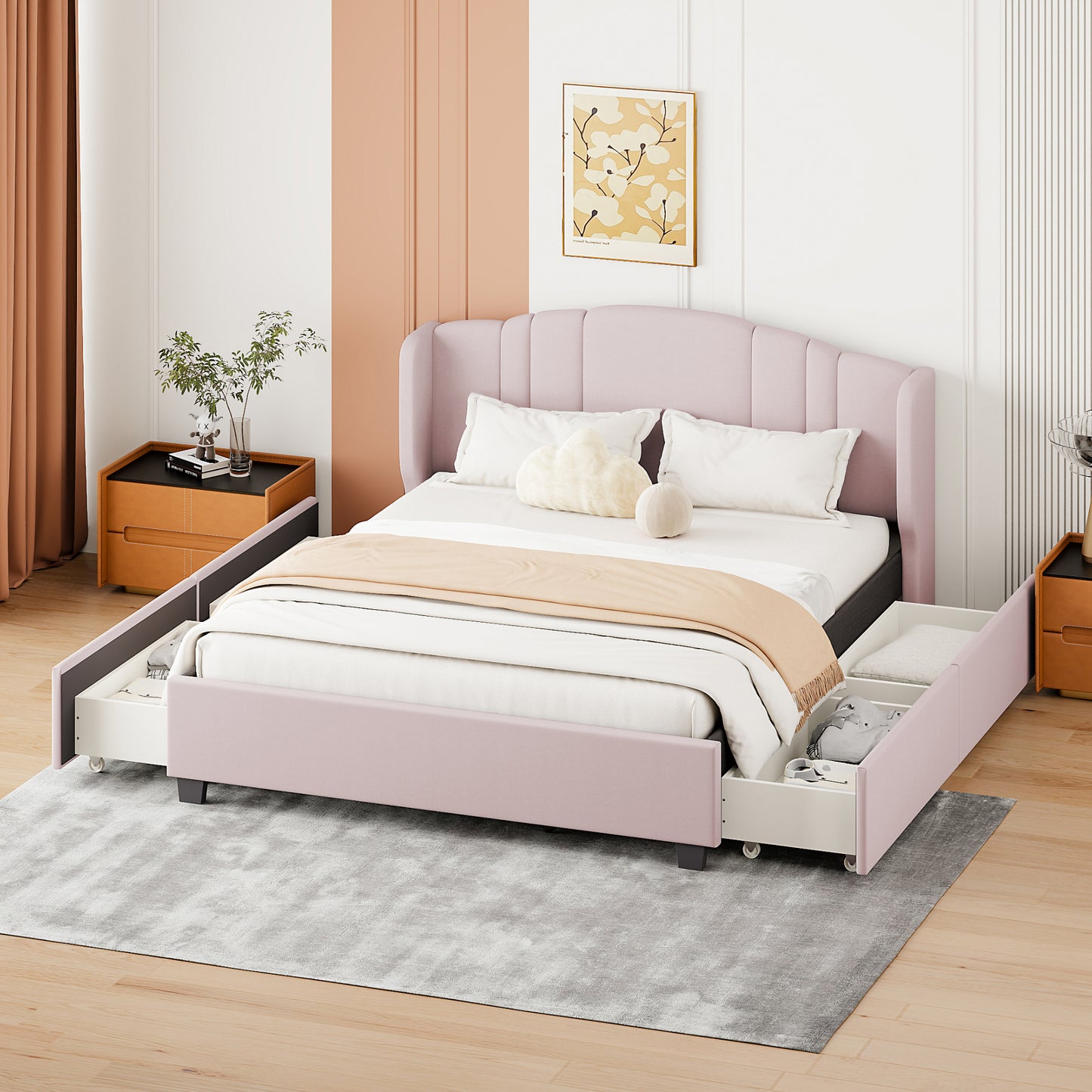 Melysen Upholstered Platform Bed with Wingback Headboard and 4 Drawers, No Box Spring Needed, Linen Fabric, Queen Size Pink