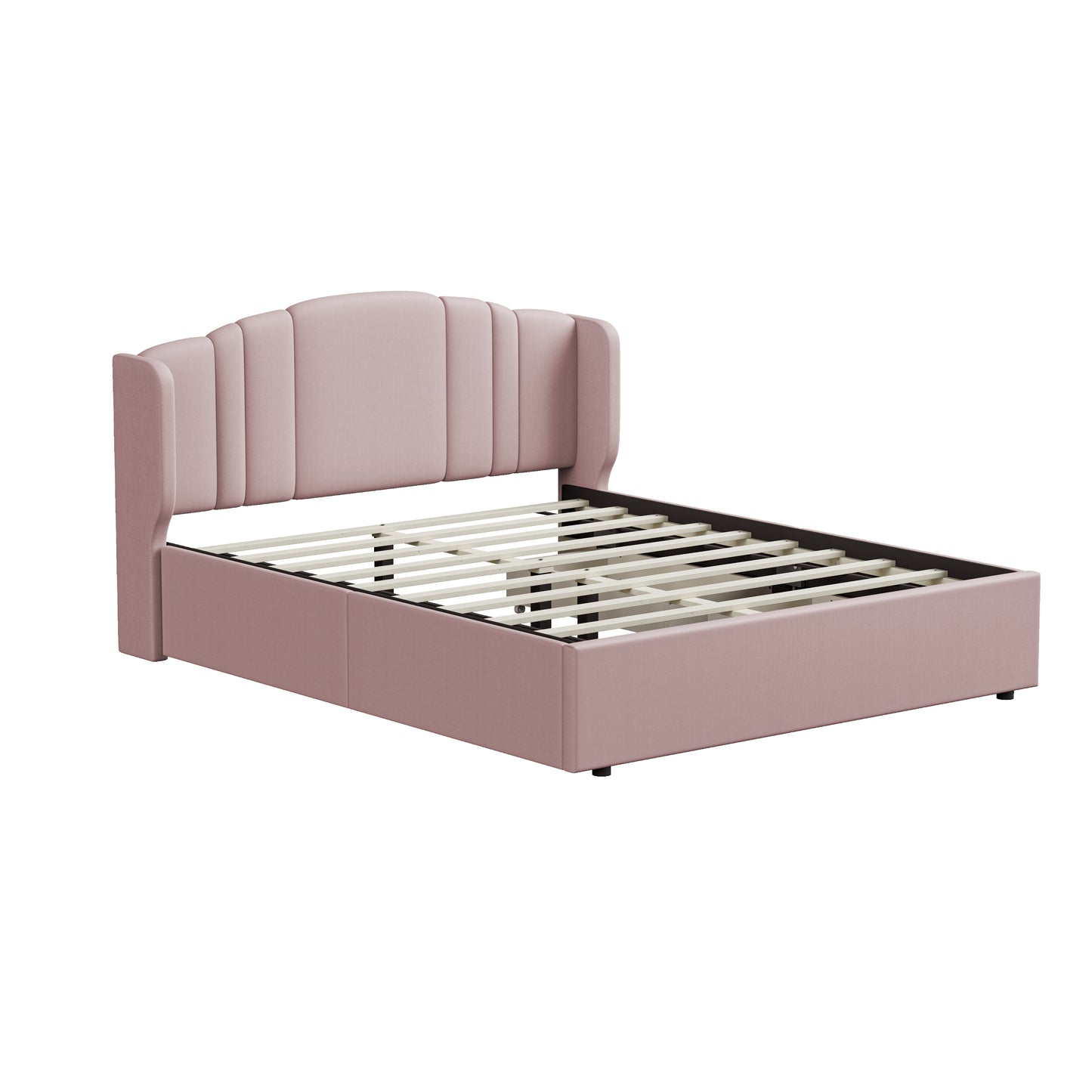 Melysen Upholstered Platform Bed with Wingback Headboard and 4 Drawers, No Box Spring Needed, Linen Fabric, Queen Size Pink