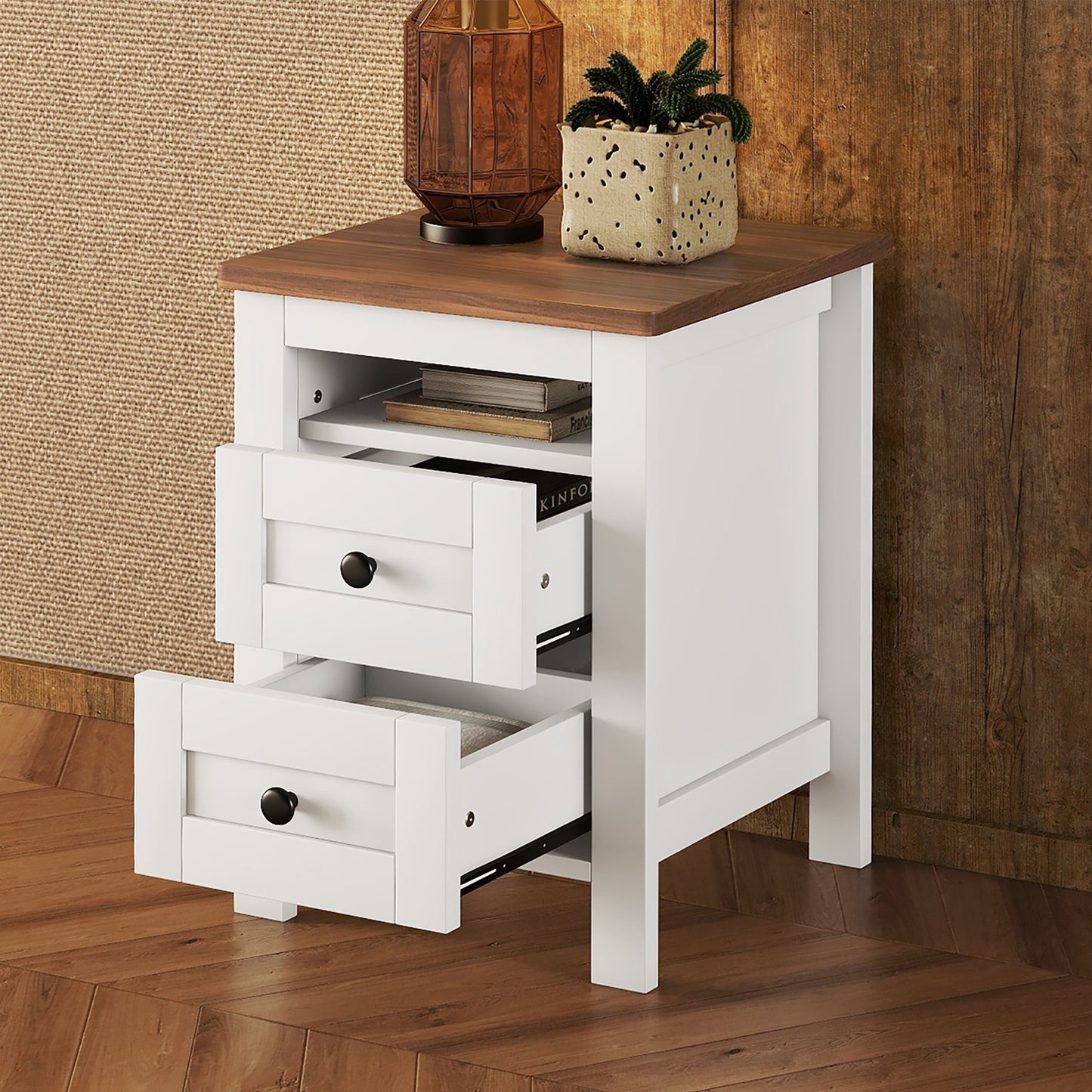 Melysen 2-Drawer Farmhouse Wooden Nightstand with Well-proportioned Design and Sleek Lines, Wood Side Table with Storage Cabinet for Bedroom