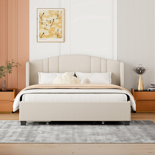 Melysen Upholstered Platform Bed with Wingback Headboard and 4 Drawers, No Box Spring Needed, Linen Fabric, Queen Size Beige