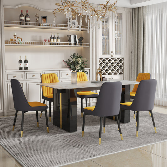 Melysen Large Modern Rectangular Table with A 0.39-Inch Patterned Tabletop and Large Mdf Table Legs, Chairs with Pu Backrest Cushions and Black Metal Table Legs.(6 Chair)