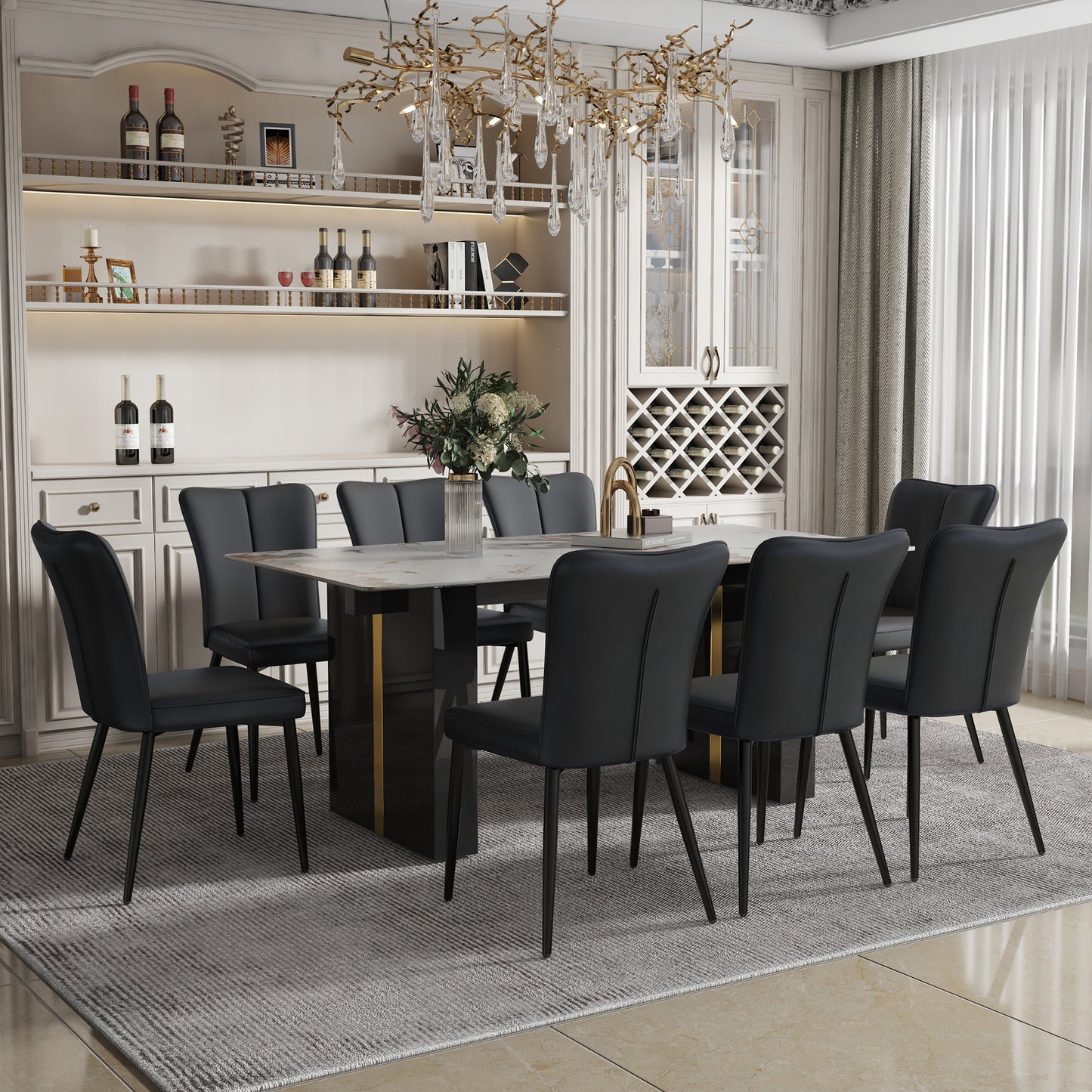 Melysen Large Modern Rectangular Table with A 0.39-Inch Patterned Tabletop and Large Mdf Table Legs, Chairs with Pu Backrest Cushions and Black Metal Table Legs.(8 Chair),Black