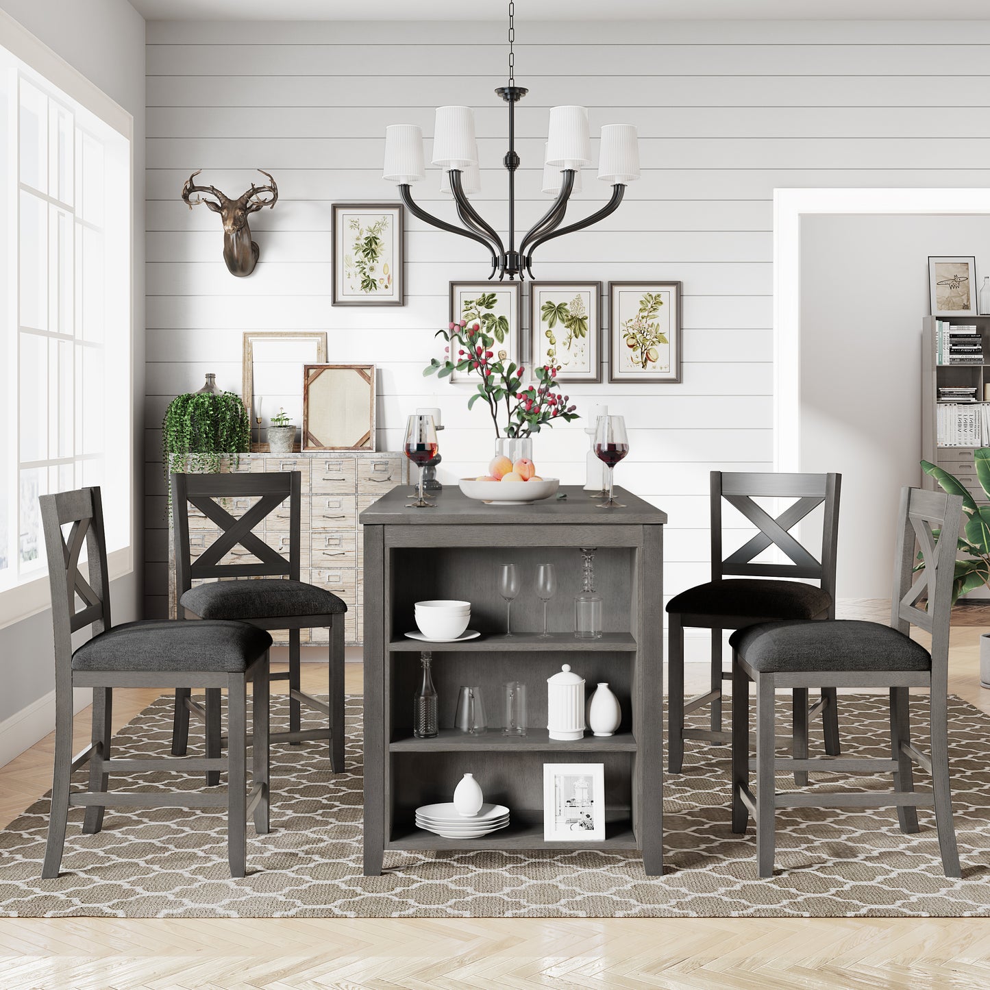 Melysen 5 Pieces Counter Height Rustic Farmhouse Dining Room Wooden Bar Table Set with 4 Chairs