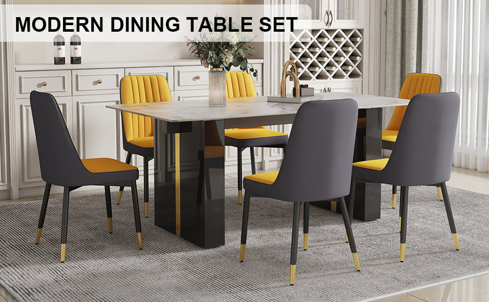 Melysen Large Modern Rectangular Table with A 0.39-Inch Patterned Tabletop and Large Mdf Table Legs, Chairs with Pu Backrest Cushions and Black Metal Table Legs.(6 Chair)