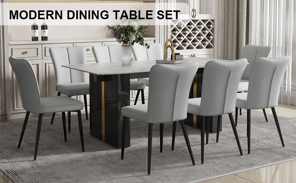 Melysen Large Modern Rectangular Table with A 0.39-Inch Patterned Tabletop and Large Mdf Table Legs, Chairs with Pu Backrest Cushions and Black Metal Table Legs.(8 Chair),Grey