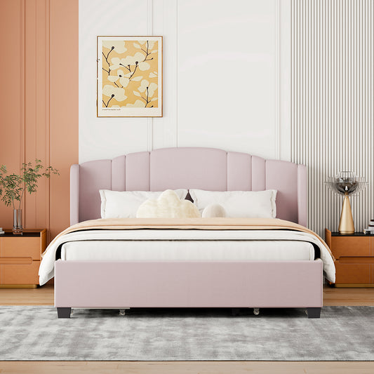 Melysen Upholstered Platform Bed with Wingback Headboard and 4 Drawers, No Box Spring Needed, Linen Fabric, Queen Size Pink