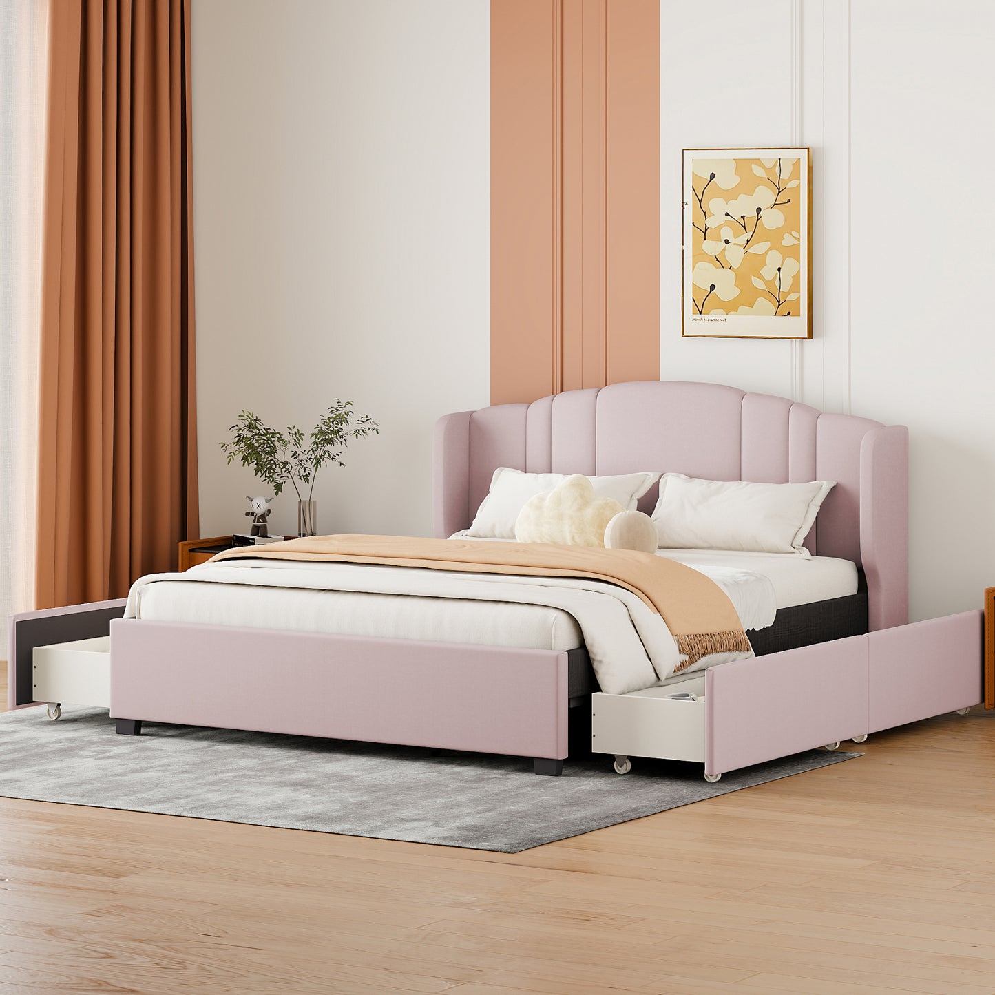 Melysen Upholstered Platform Bed with Wingback Headboard and 4 Drawers, No Box Spring Needed, Linen Fabric, Queen Size Pink