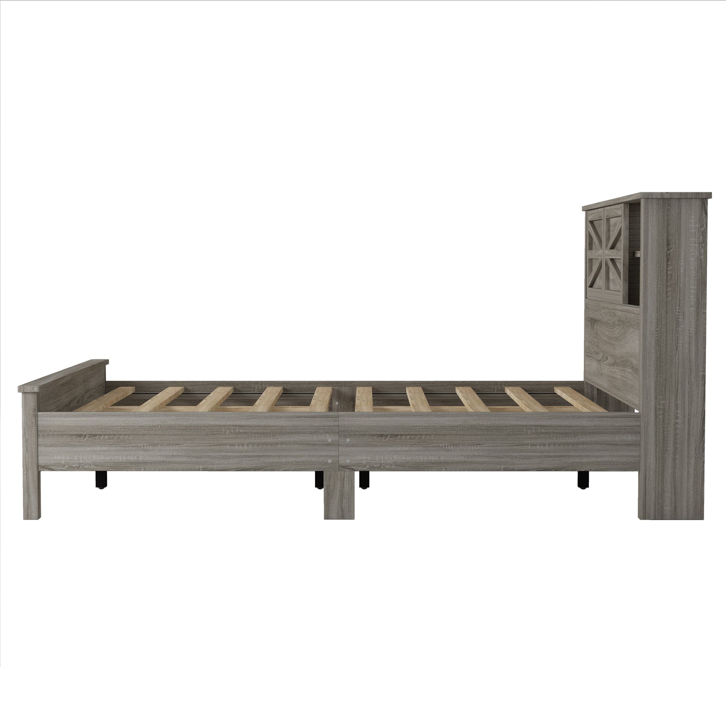 Melysen Farmhouse Platform Bed with Double Sliding Barn Door, Full Size Rustic Wood Bed with Charging Station, Wood Slats Support