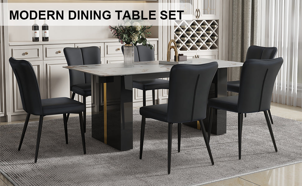 Melysen Large Modern Rectangular Table with A 0.39-Inch Patterned Tabletop and Large Mdf Table Legs, Chairs with Pu Backrest Cushions and Black Metal Table Legs.(6 Chair),Black