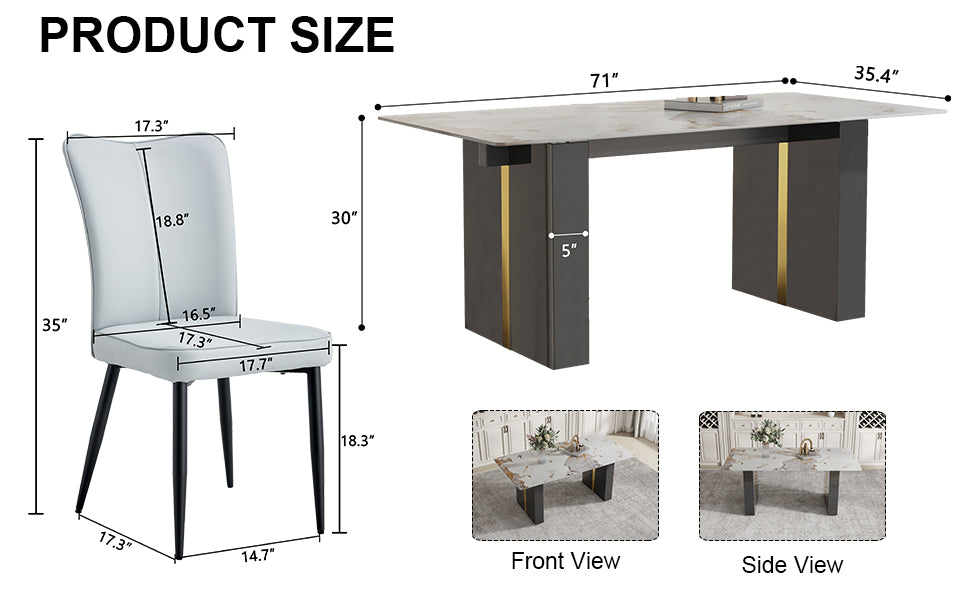 Melysen Large Modern Rectangular Table with A 0.39-Inch Patterned Tabletop and Large Mdf Table Legs, Chairs with Pu Backrest Cushions and Black Metal Table Legs.(6 Chair),Grey