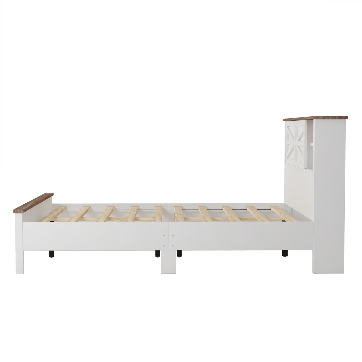 Melysen Farmhouse Platform Bed with Double Sliding Barn Door, Queen Size Rustic Wood Bed withCharging Station, Wood Slats Support