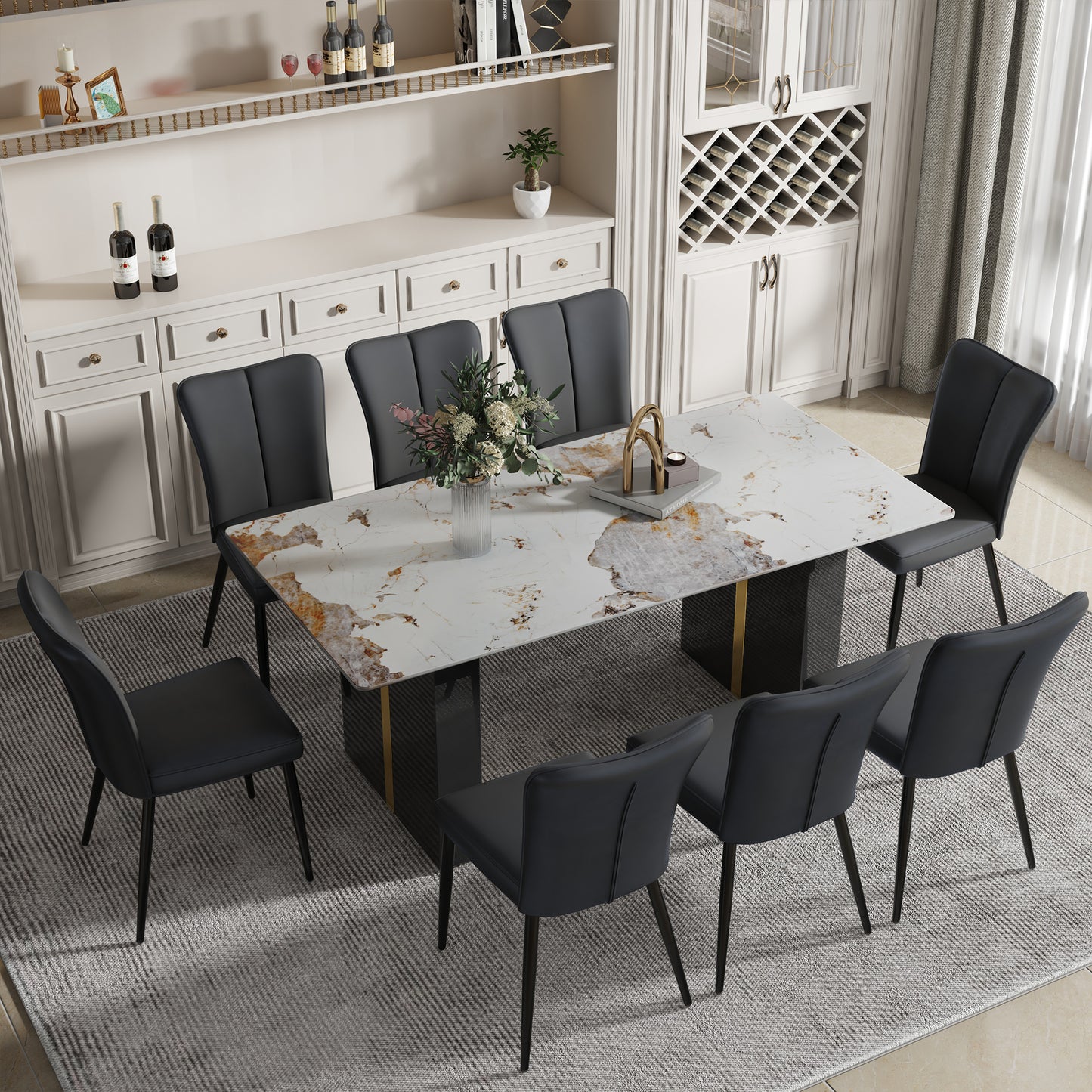 Melysen Large Modern Rectangular Table with A 0.39-Inch Patterned Tabletop and Large Mdf Table Legs, Chairs with Pu Backrest Cushions and Black Metal Table Legs.(8 Chair),Black