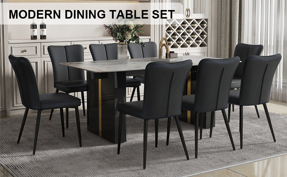 Melysen Large Modern Rectangular Table with A 0.39-Inch Patterned Tabletop and Large Mdf Table Legs, Chairs with Pu Backrest Cushions and Black Metal Table Legs.(8 Chair),Black