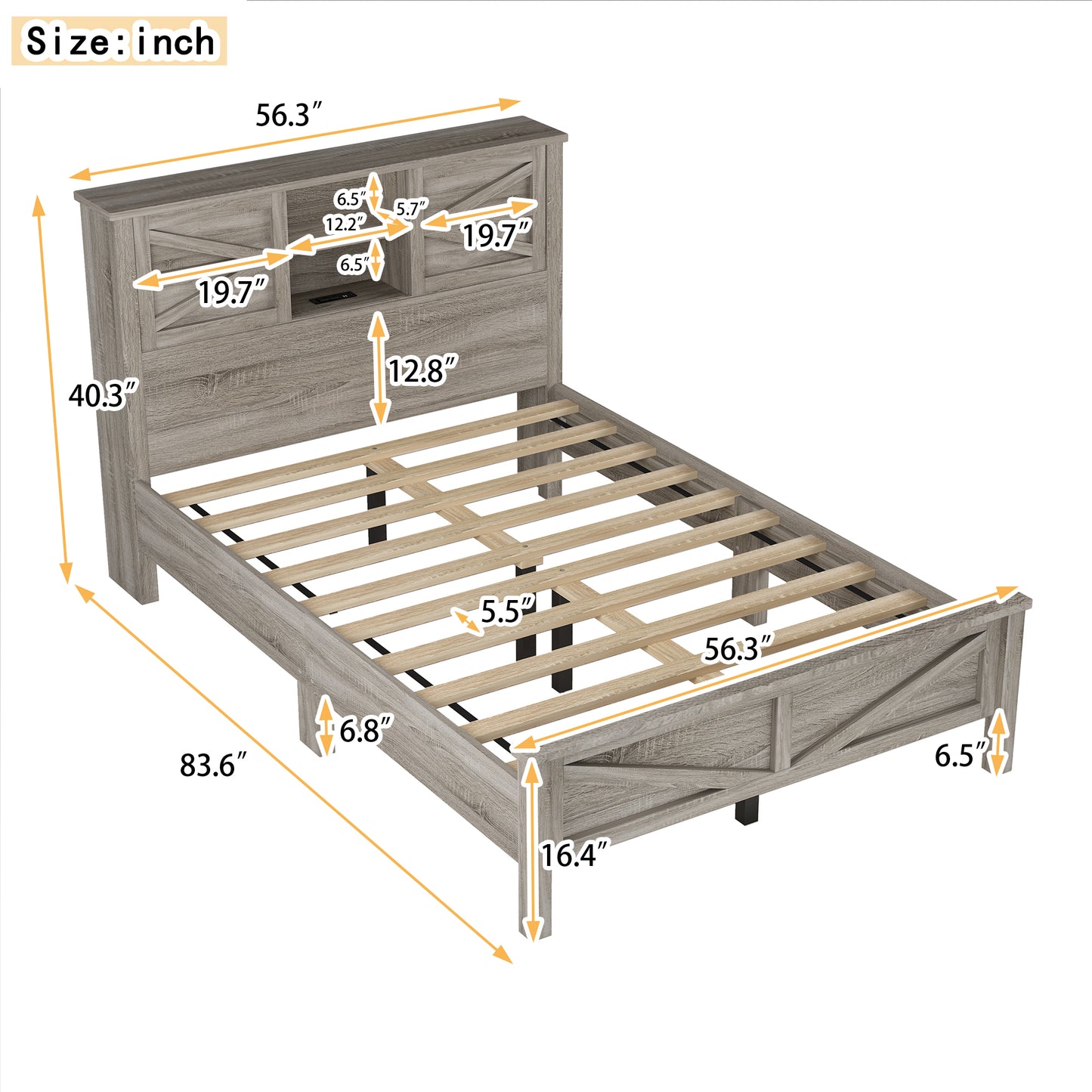 Melysen Farmhouse Platform Bed with Double Sliding Barn Door, Full Size Rustic Wood Bed with Charging Station, Wood Slats Support