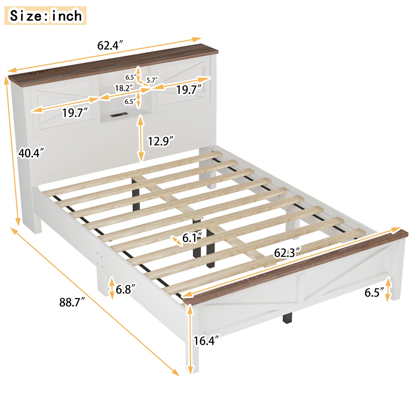 Melysen Farmhouse Platform Bed with Double Sliding Barn Door, Queen Size Rustic Wood Bed withCharging Station, Wood Slats Support