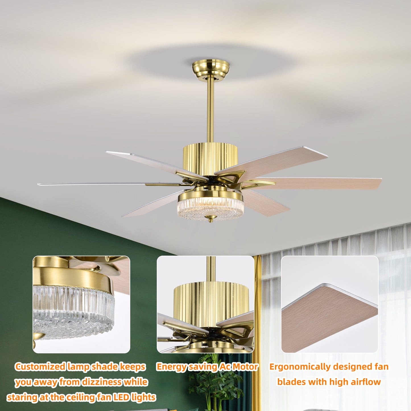 Melysen 52" Modern Ceiling Fans with Remote,Wood Ceiling Fan with Lights,LED Ceiling Fan Light with 5 Blade,3 Speed AC Motor Indoor Ceiling Fan for Patio,Living Room,Bedroom