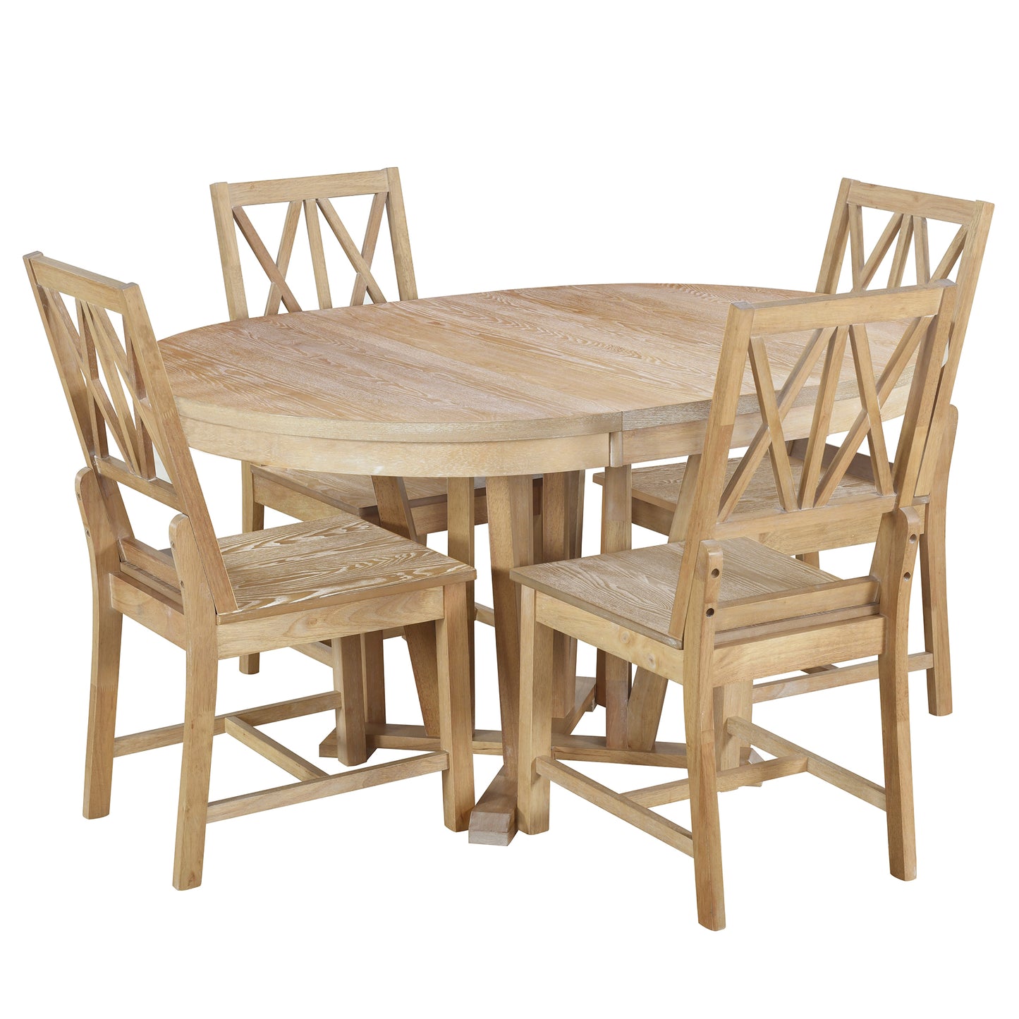 Melysen Rustic 5-Piece Extendable Dining Table Set Round Trestle Table and 4 Cross Back Dining Chairs for Kitchen, Dining Room