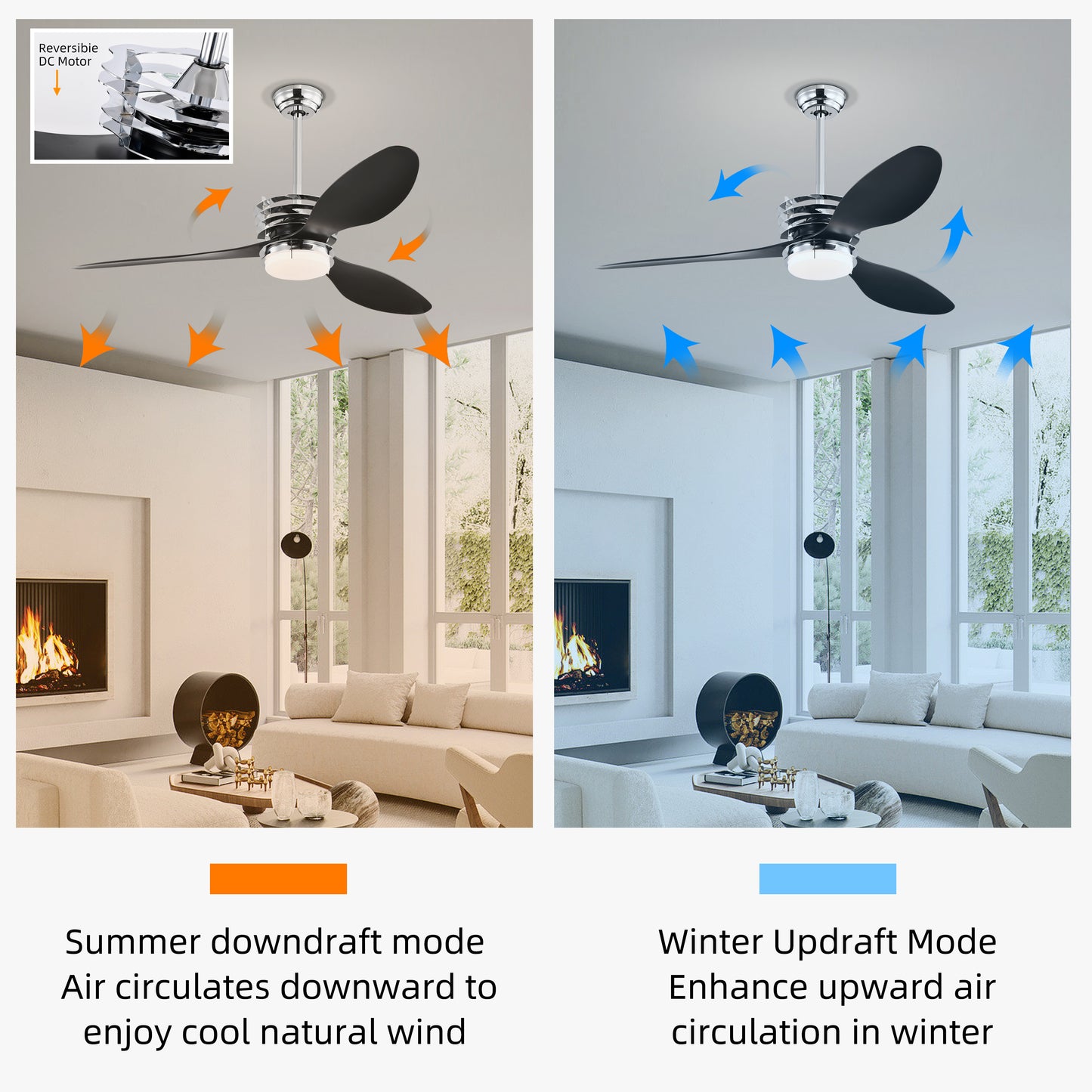 Melysen 52" ABS Blades Ceiling Fan with Lights and Remote (5 Speeds Adjustable) , DC Motor Modern Ceiling Fan with 3 ABS Fan Blades & 2 Down Rods, Indoor Ceiling Fan with Light for Home Use