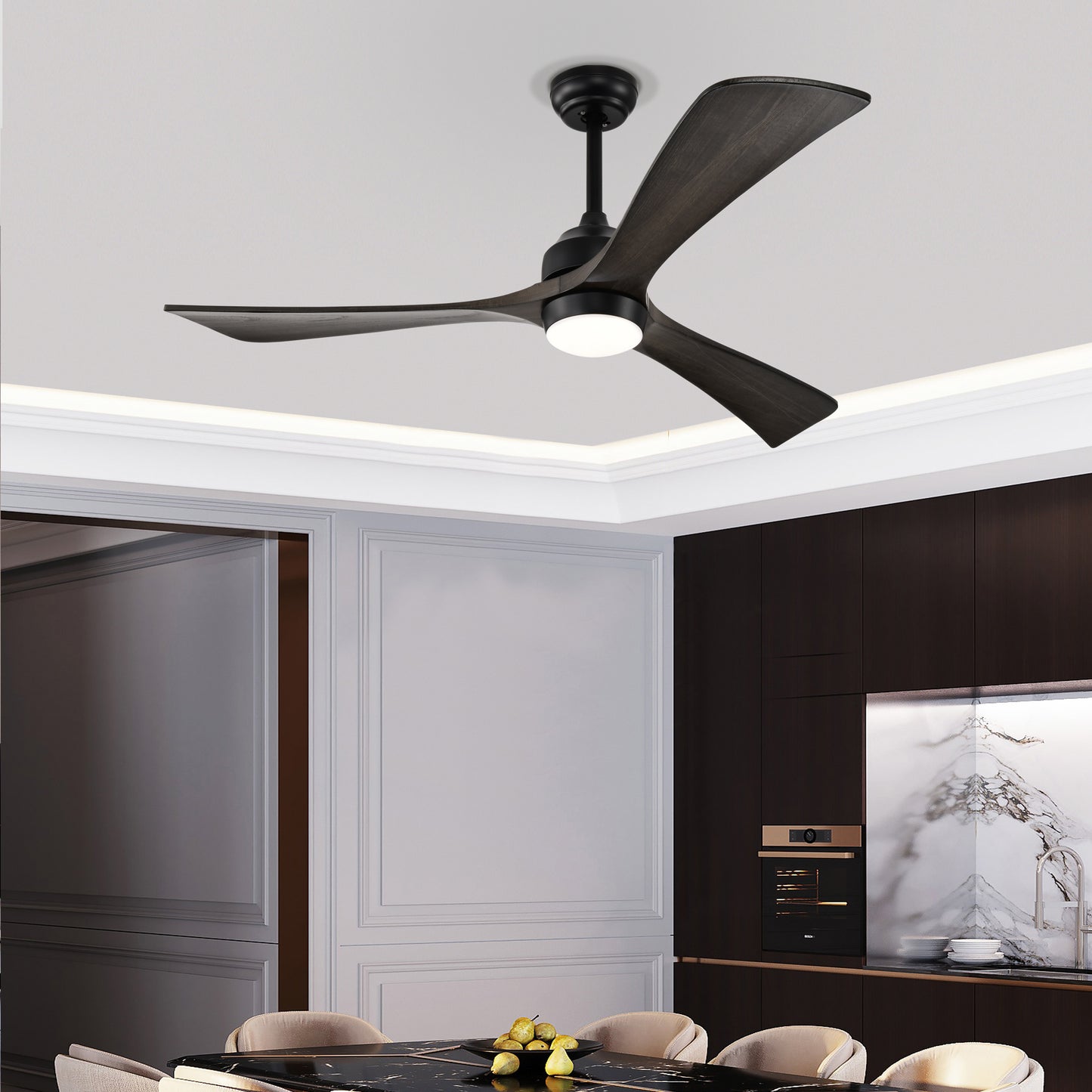 Melysen 52" Ceiling Fan with Lights Remote Control,Quiet DC Motor 3 Blade Ceiling Fans 6 Speed Levels,Reversible Ceiling Fan, for Patio Living Room, Bedroom, Office,Indoor.(Matte Black +Black Walnut )