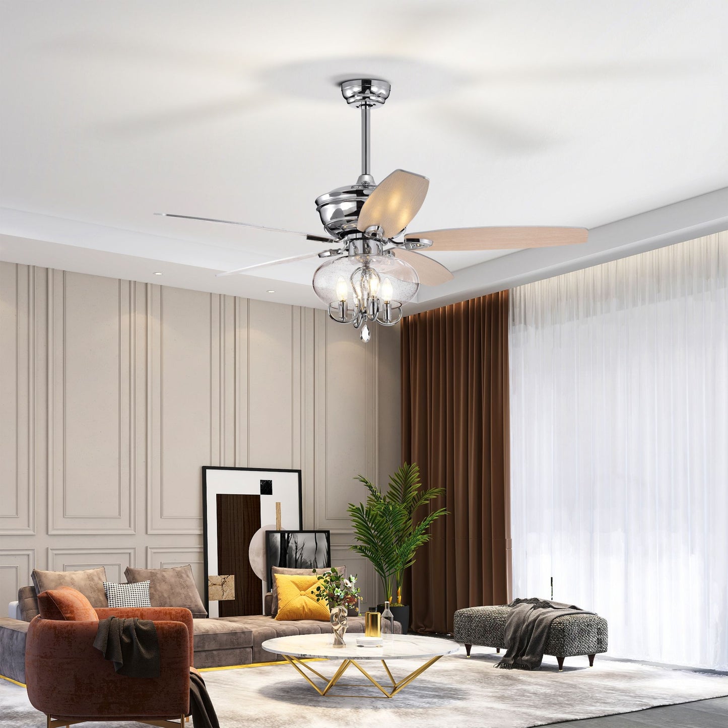 Melysen 52" Crystal Chandelier Fan with Remote, Classic, Glam, Traditional, Transitional for Home, Kitchen, Dining Room, Guest Room, Living Room, Chrome