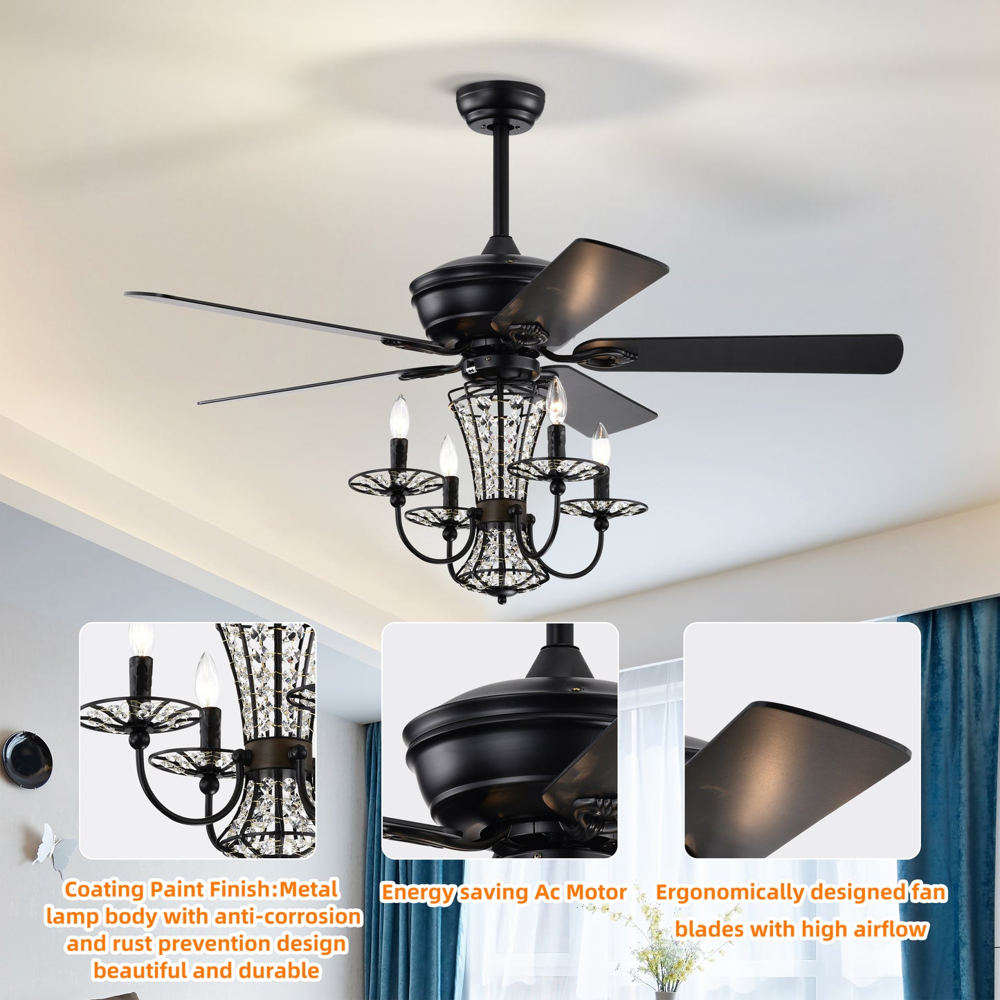 Melysen 52 Inch Crystal Chandelier Fan with Lights and Remote Control, Modern Ceiling Fan with Dual Finish Reversible Blades, Fandelier for Living Room, Dining Room, Bedroom, Family Room, Matte Black