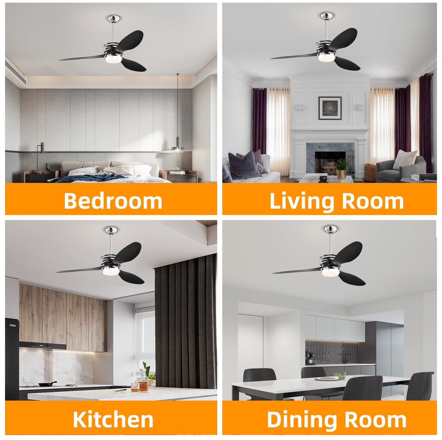 Melysen 52" ABS Blades Ceiling Fan with Lights and Remote (5 Speeds Adjustable) , DC Motor Modern Ceiling Fan with 3 ABS Fan Blades & 2 Down Rods, Indoor Ceiling Fan with Light for Home Use