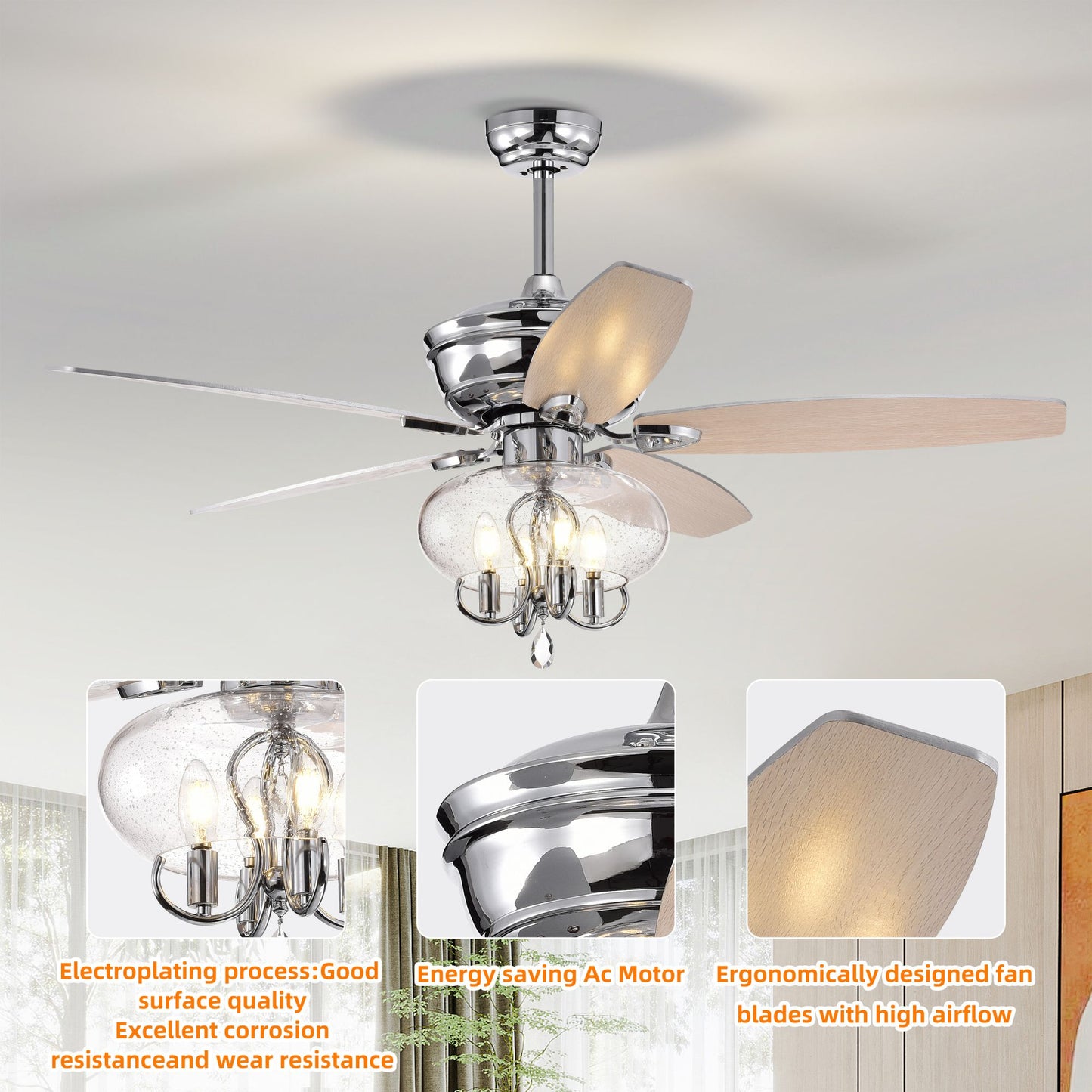 Melysen 52" Crystal Chandelier Fan with Remote, Classic, Glam, Traditional, Transitional for Home, Kitchen, Dining Room, Guest Room, Living Room, Chrome