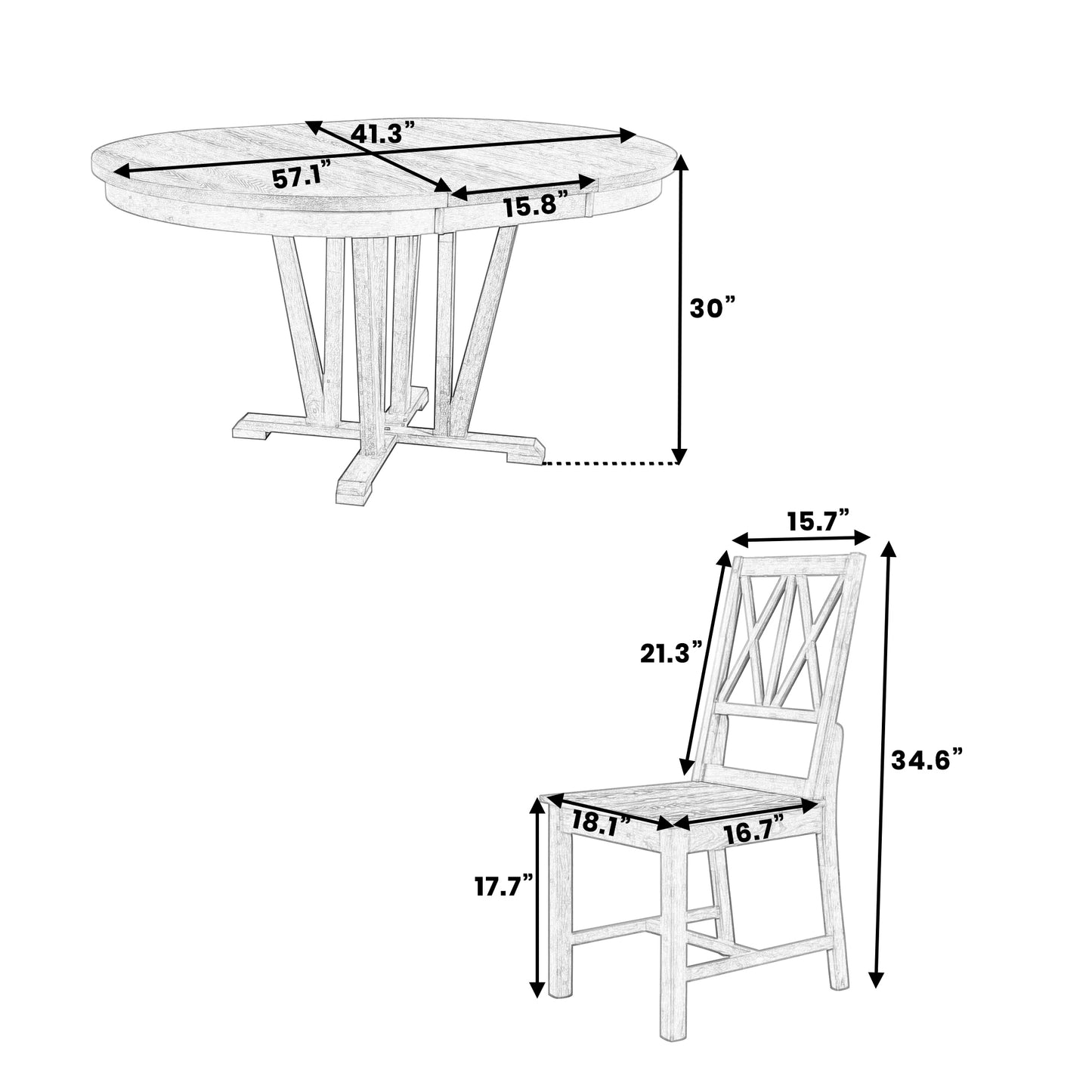 Melysen Rustic 5-Piece Extendable Dining Table Set Round Trestle Table and 4 Cross Back Dining Chairs for Kitchen, Dining Room