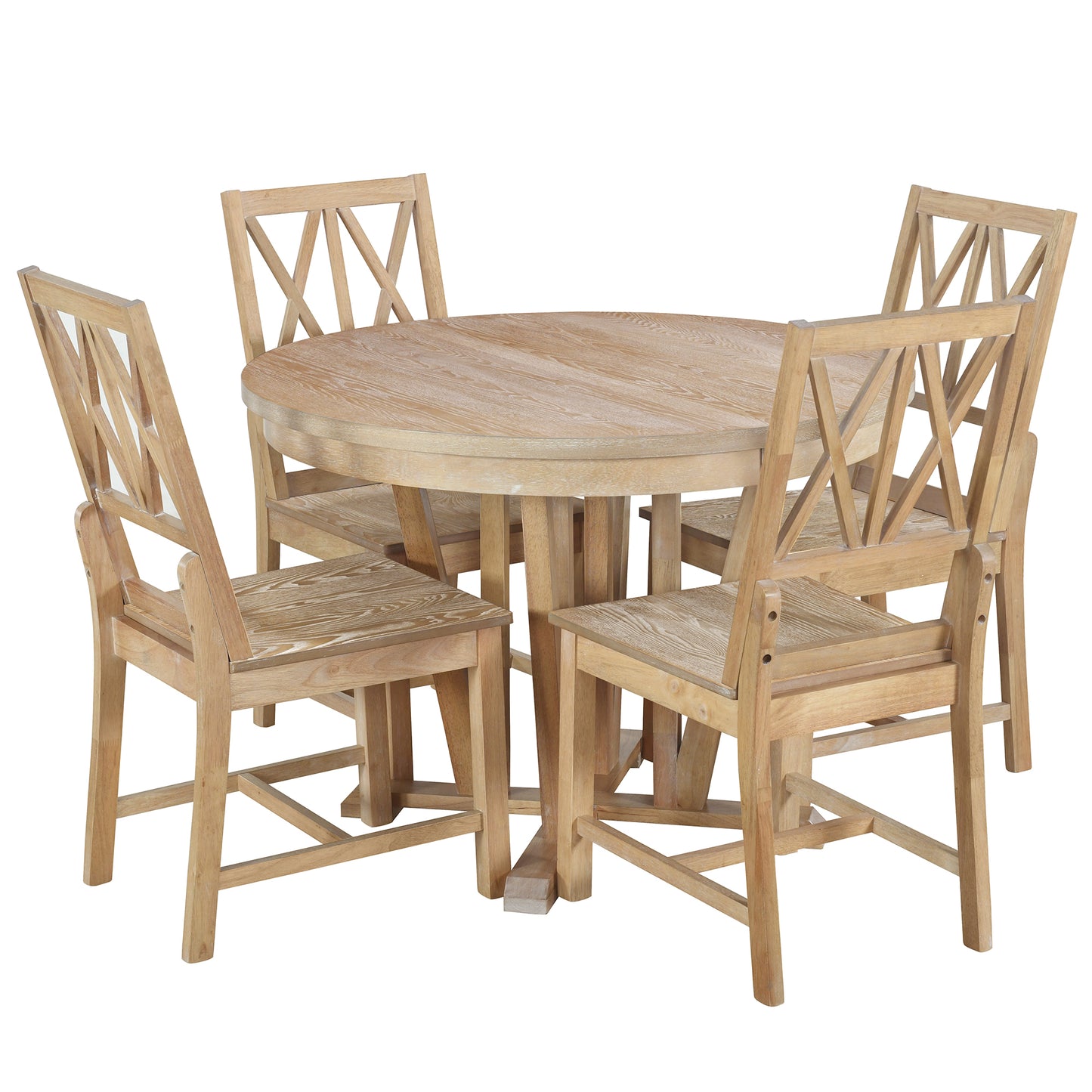 Melysen Rustic 5-Piece Extendable Dining Table Set Round Trestle Table and 4 Cross Back Dining Chairs for Kitchen, Dining Room