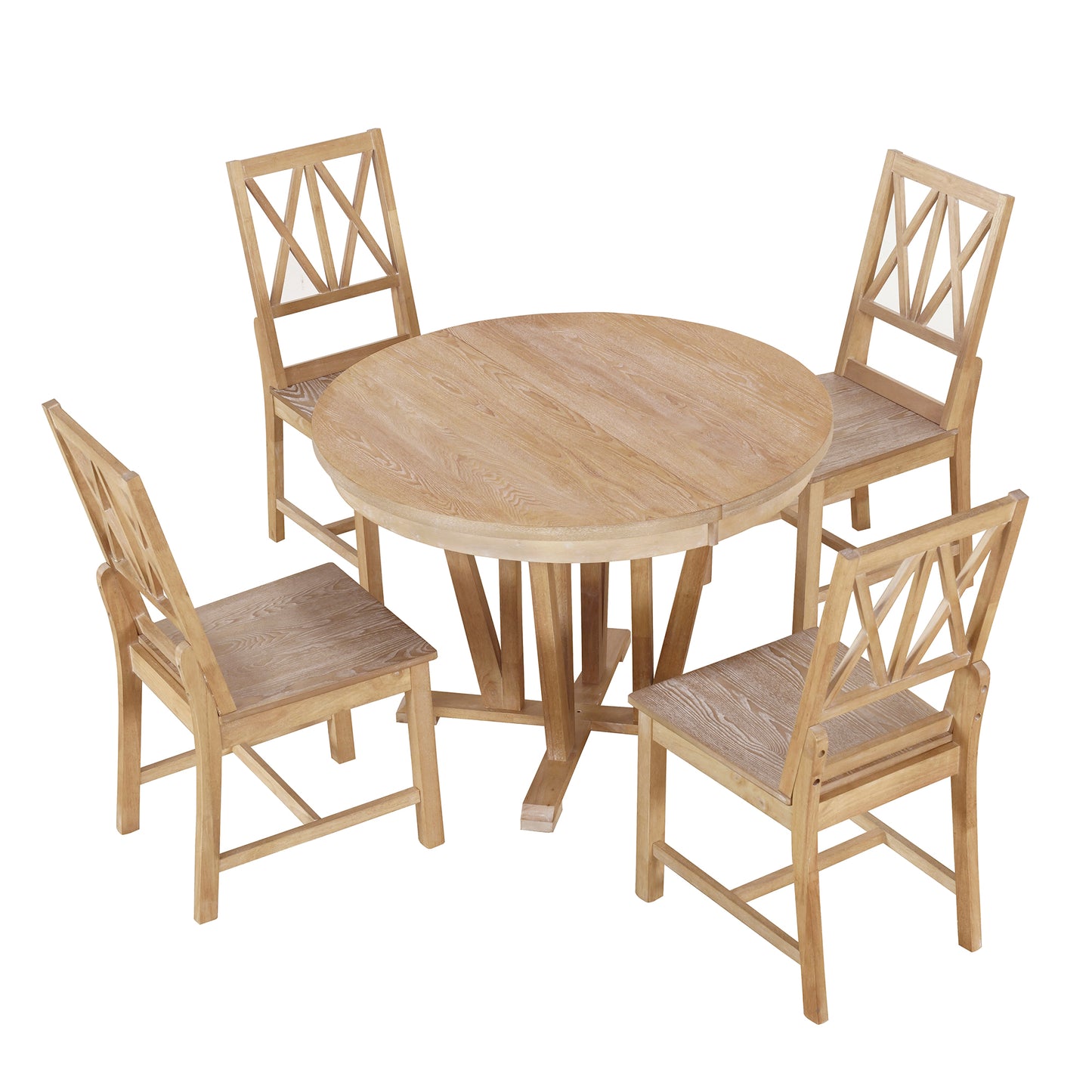 Melysen Rustic 5-Piece Extendable Dining Table Set Round Trestle Table and 4 Cross Back Dining Chairs for Kitchen, Dining Room