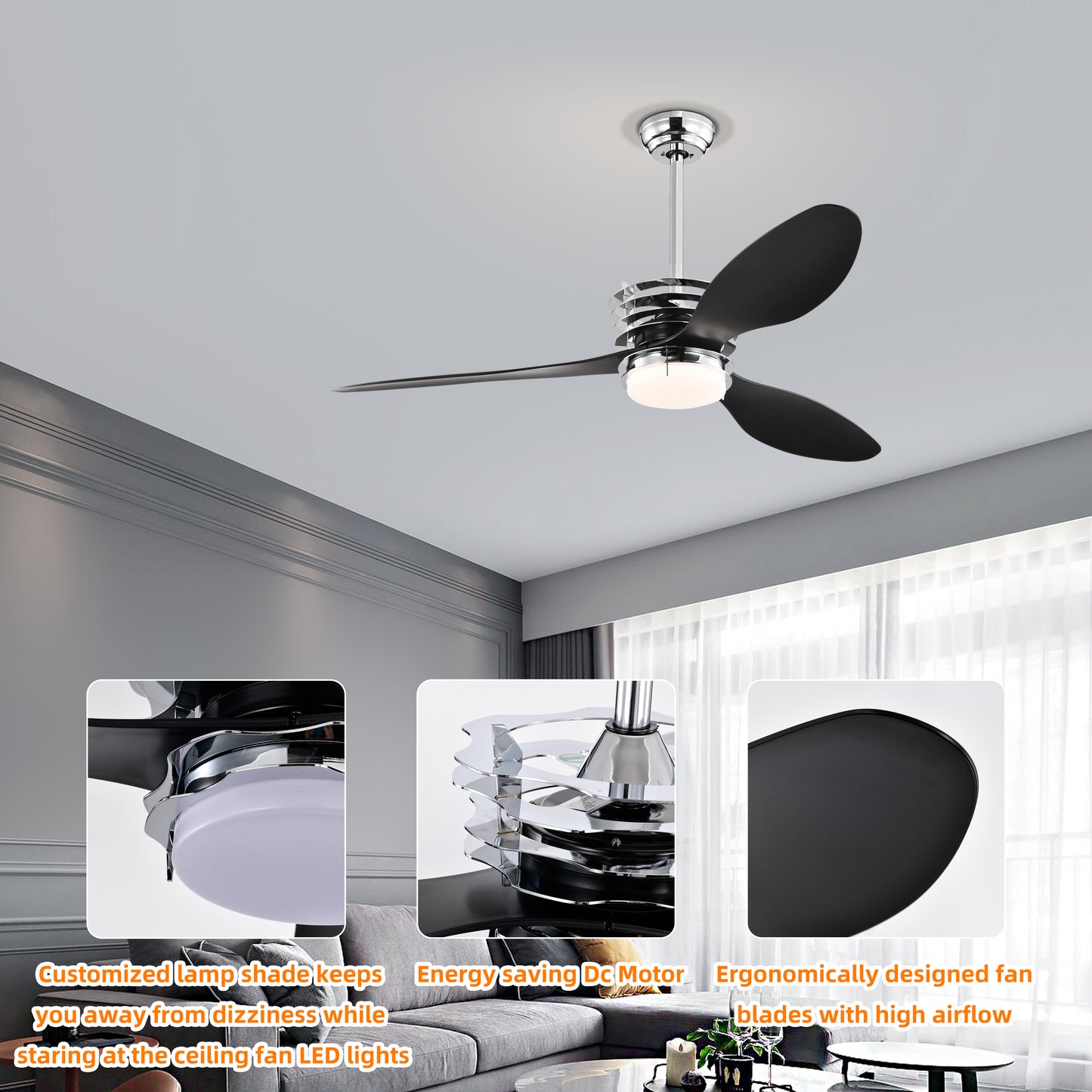 Melysen 52" ABS Blades Ceiling Fan with Lights and Remote (5 Speeds Adjustable) , DC Motor Modern Ceiling Fan with 3 ABS Fan Blades & 2 Down Rods, Indoor Ceiling Fan with Light for Home Use