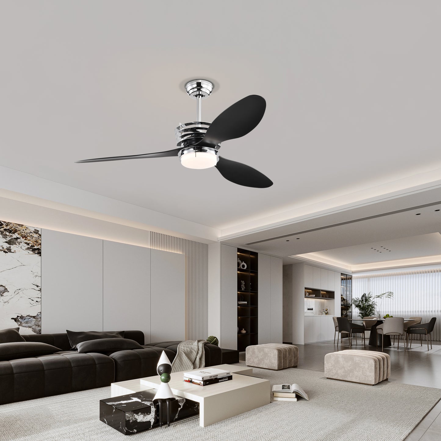 Melysen 52" ABS Blades Ceiling Fan with Lights and Remote (5 Speeds Adjustable) , DC Motor Modern Ceiling Fan with 3 ABS Fan Blades & 2 Down Rods, Indoor Ceiling Fan with Light for Home Use