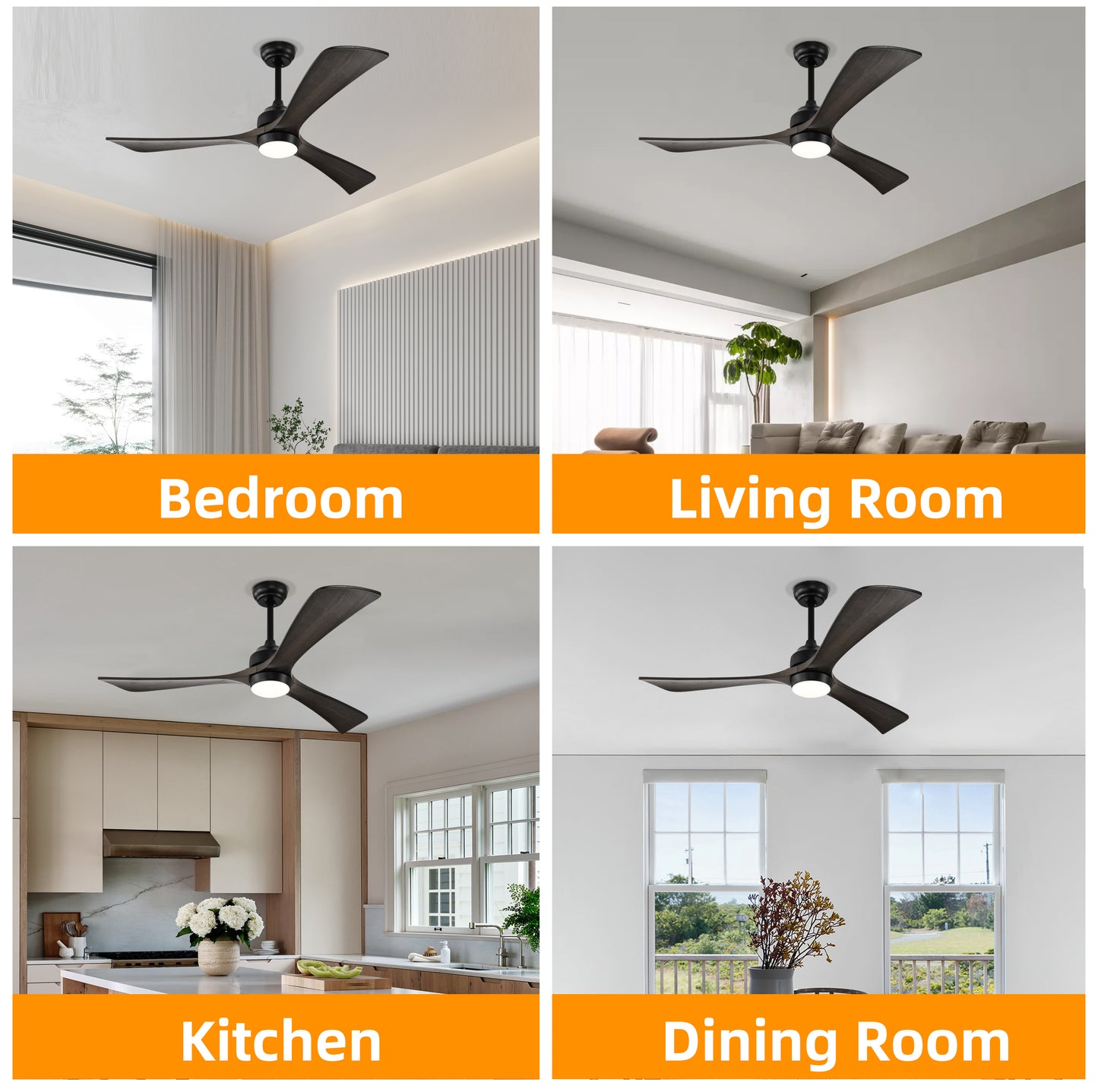 Melysen 52" Ceiling Fan with Lights Remote Control,Quiet DC Motor 3 Blade Ceiling Fans 6 Speed Levels,Reversible Ceiling Fan, for Patio Living Room, Bedroom, Office,Indoor.(Matte Black +Black Walnut )