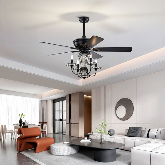 Melysen 52 Inch Crystal Chandelier Fan with Lights and Remote Control, Modern Ceiling Fan with Dual Finish Reversible Blades, Fandelier for Living Room, Dining Room, Bedroom, Family Room, Matte Black