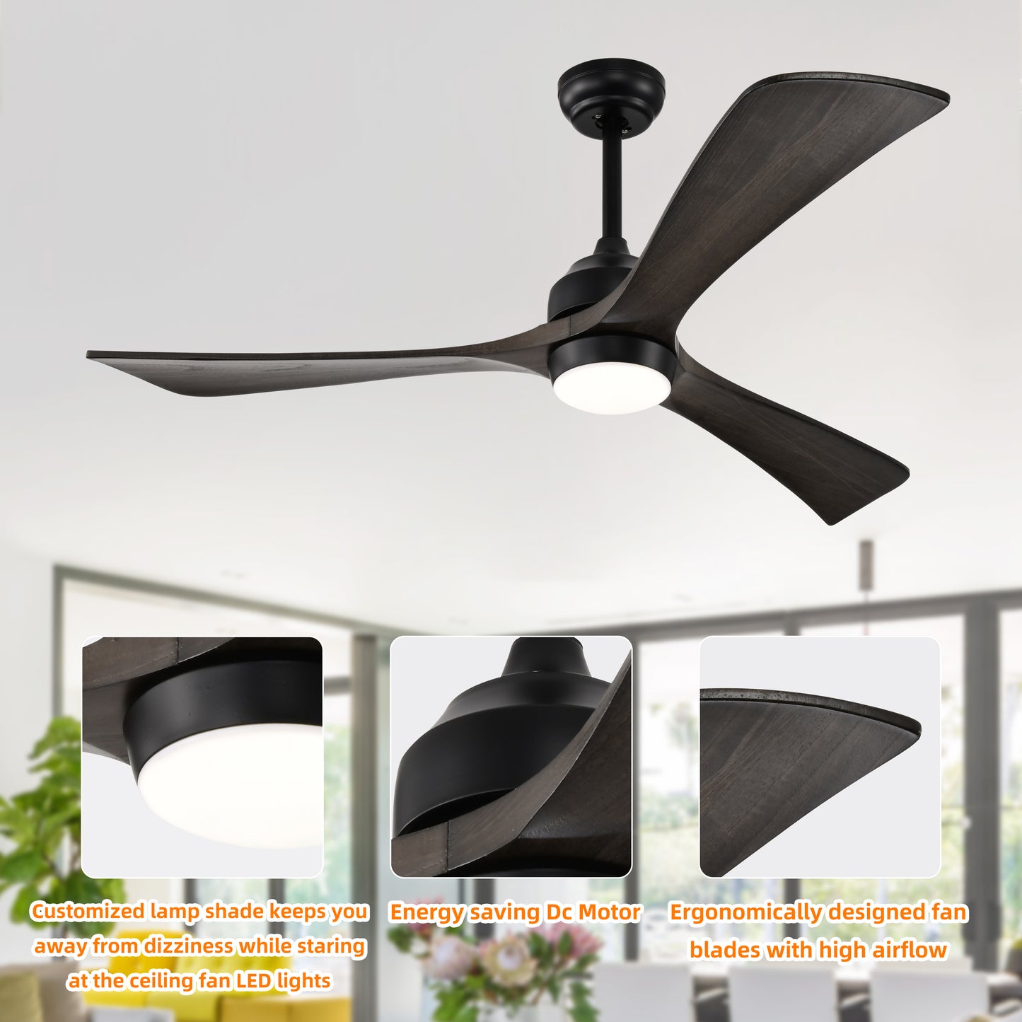 Melysen 52" Ceiling Fan with Lights Remote Control,Quiet DC Motor 3 Blade Ceiling Fans 6 Speed Levels,Reversible Ceiling Fan, for Patio Living Room, Bedroom, Office,Indoor.(Matte Black +Black Walnut )