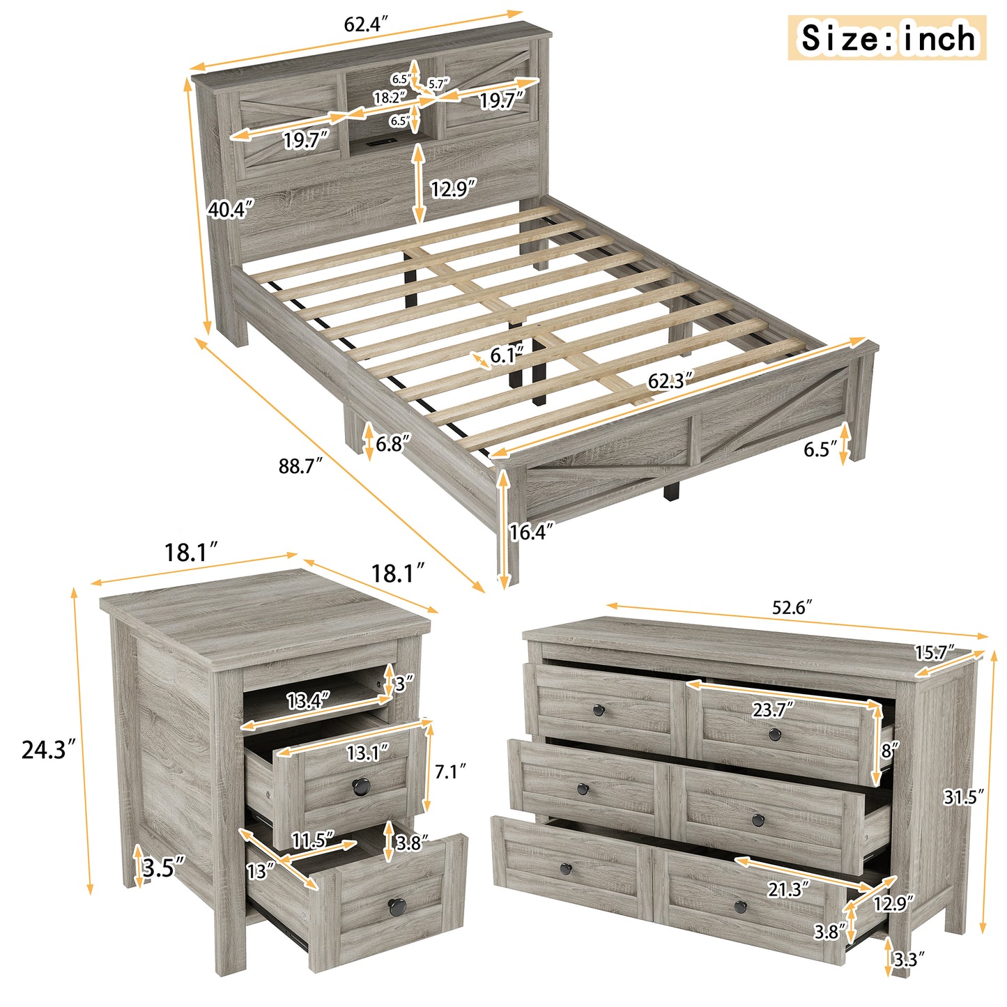 Melysen 3-Pieces Bedroom Sets Queen Size Farmhouse Platform Bed with Double Sliding Door Storage Headboard and Charging Station, Storage Nightstand and Dresser