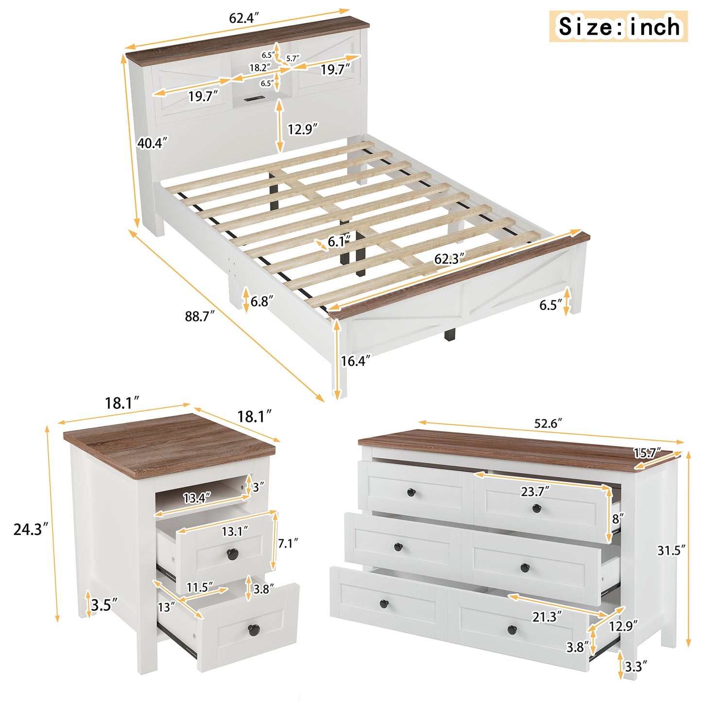 Melysen 3-Pieces Bedroom Sets Queen Size Farmhouse Platform Bed with Double Sliding Door Storage Headboard and Charging Station, Storage Nightstand and Dresser