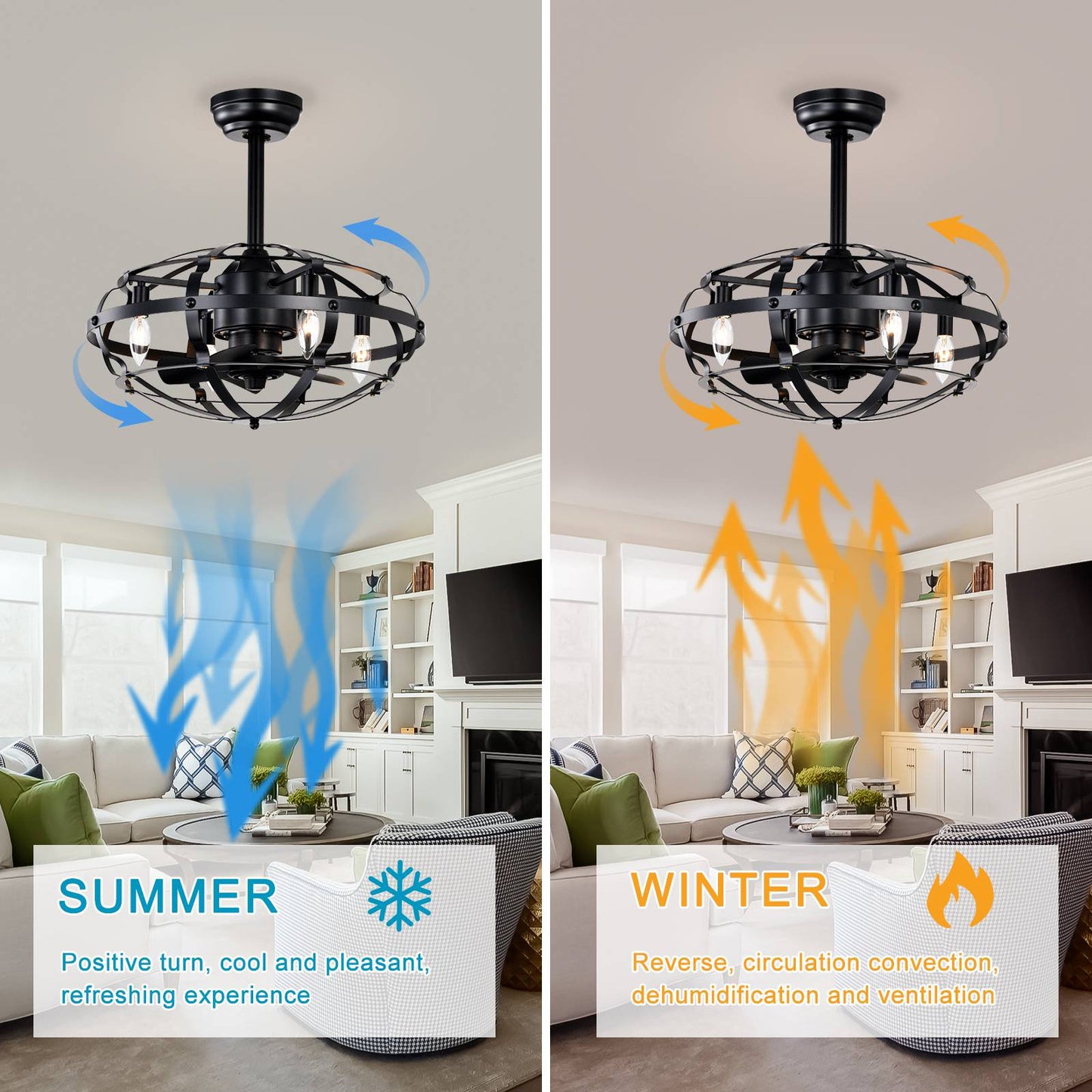 Melysen Hot Sell Industrial Ceiling Fan Light Kit for Living Room Bedroom Kitchen and Bladeless Caged Ceiling Fan with Lights