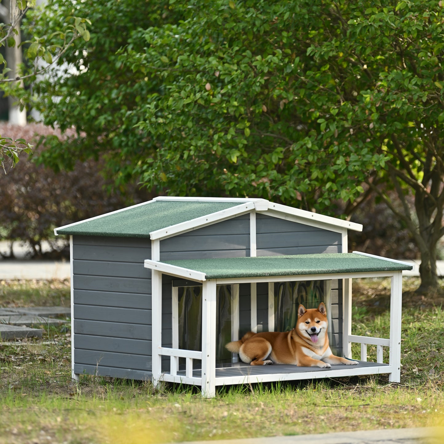 Melysen 47.2" Large Wooden Dog House Outdoor, Outdoor & Indoor Dog Crate, Cabin Style, With Porch, 2 Doors, Gray+Green