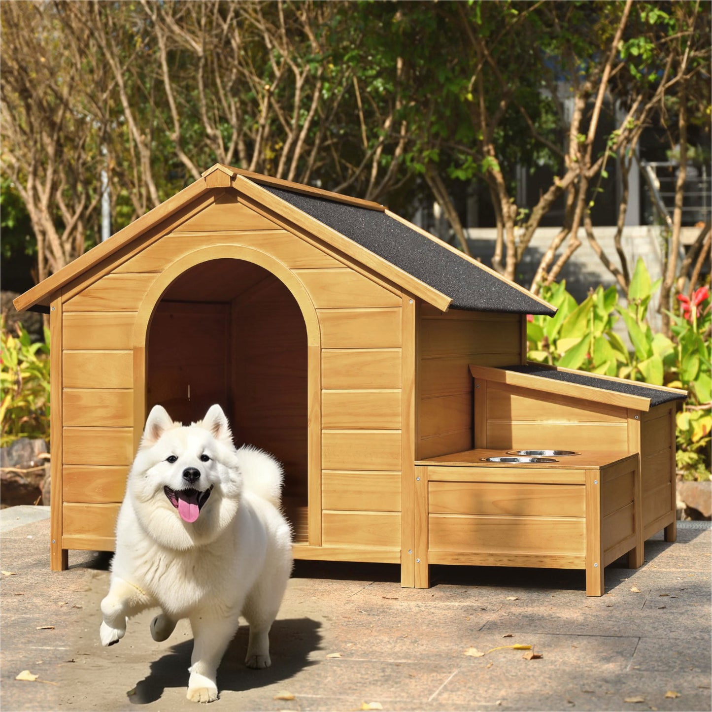 Melysen 51.18" L x 43.7" W x 37" H Large Size Wooden Dog House, Dog Crate For large dog breeds, Cabin Style Raised Dog Shelter with Asphalt Roof, Solid Wood, Weatherproof, Nature