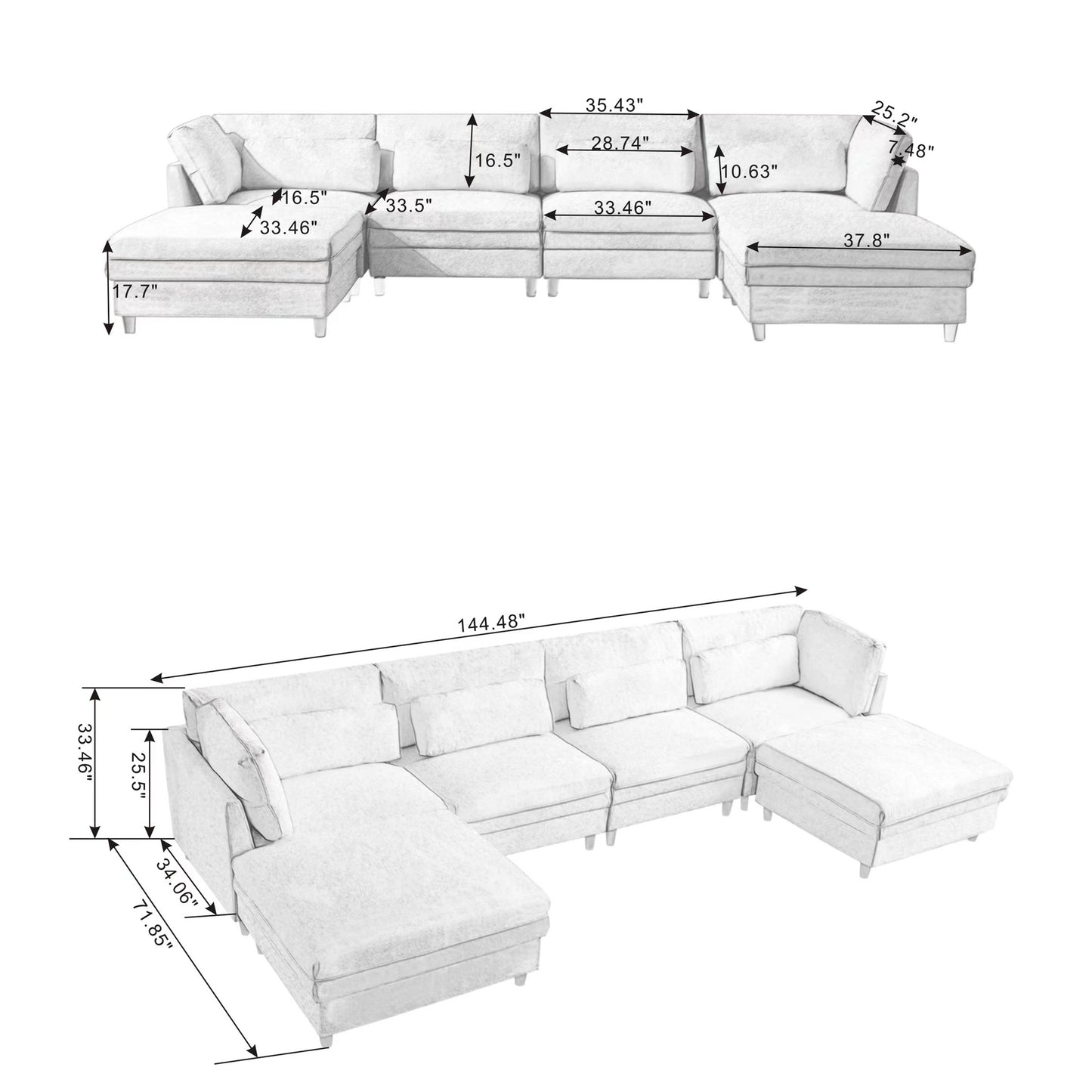 Melysen Oversized Modular Sectional Fabric Sofa Set with Waist Pillows, Extra Large U Shaped Couch with Reversible Chaise, 145 inch Long, 6 Seat Modular Sofa with Ottamans