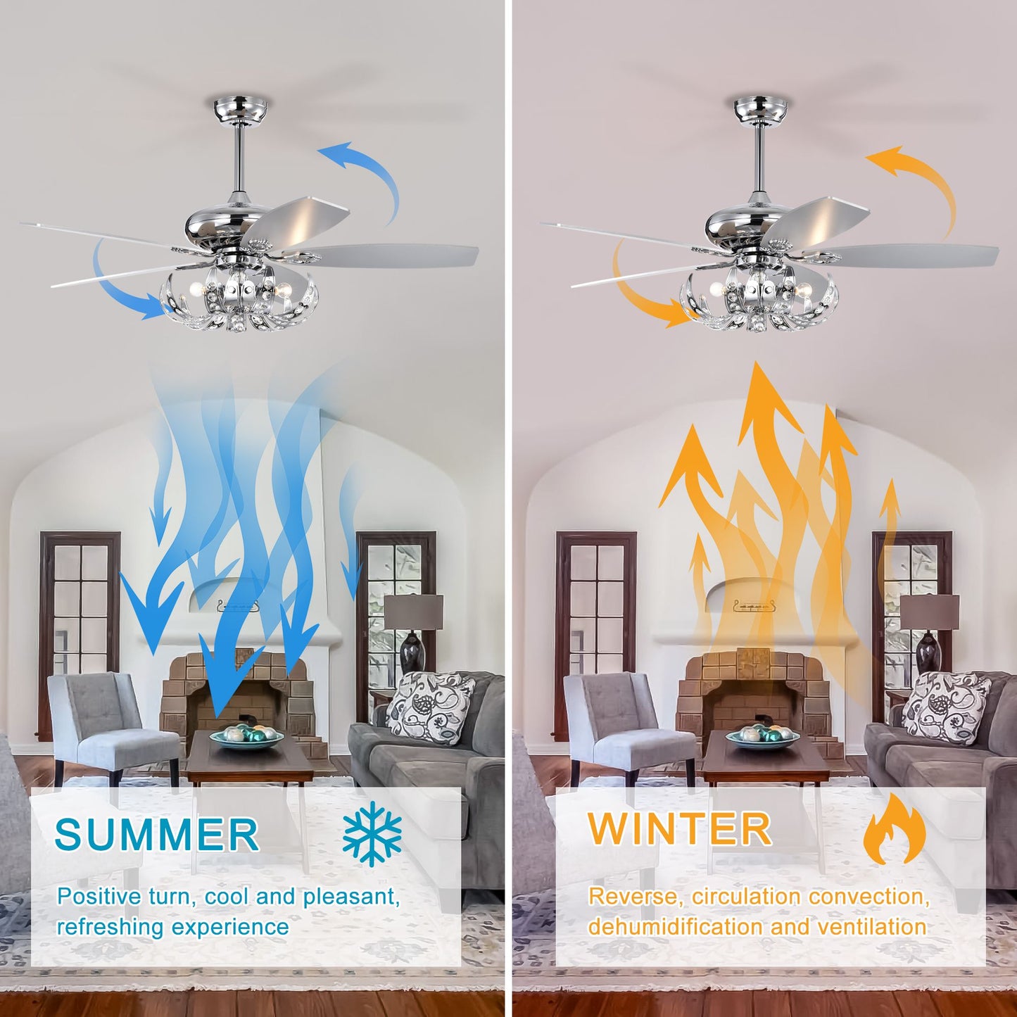 Melysen 52" Crystal Ceiling Fan with 5 Reversible Blades Light Kit and Remote Control, 3-Speed (High, Mid,Low) Adjustable for Living Room, Bedroom, Kitchen