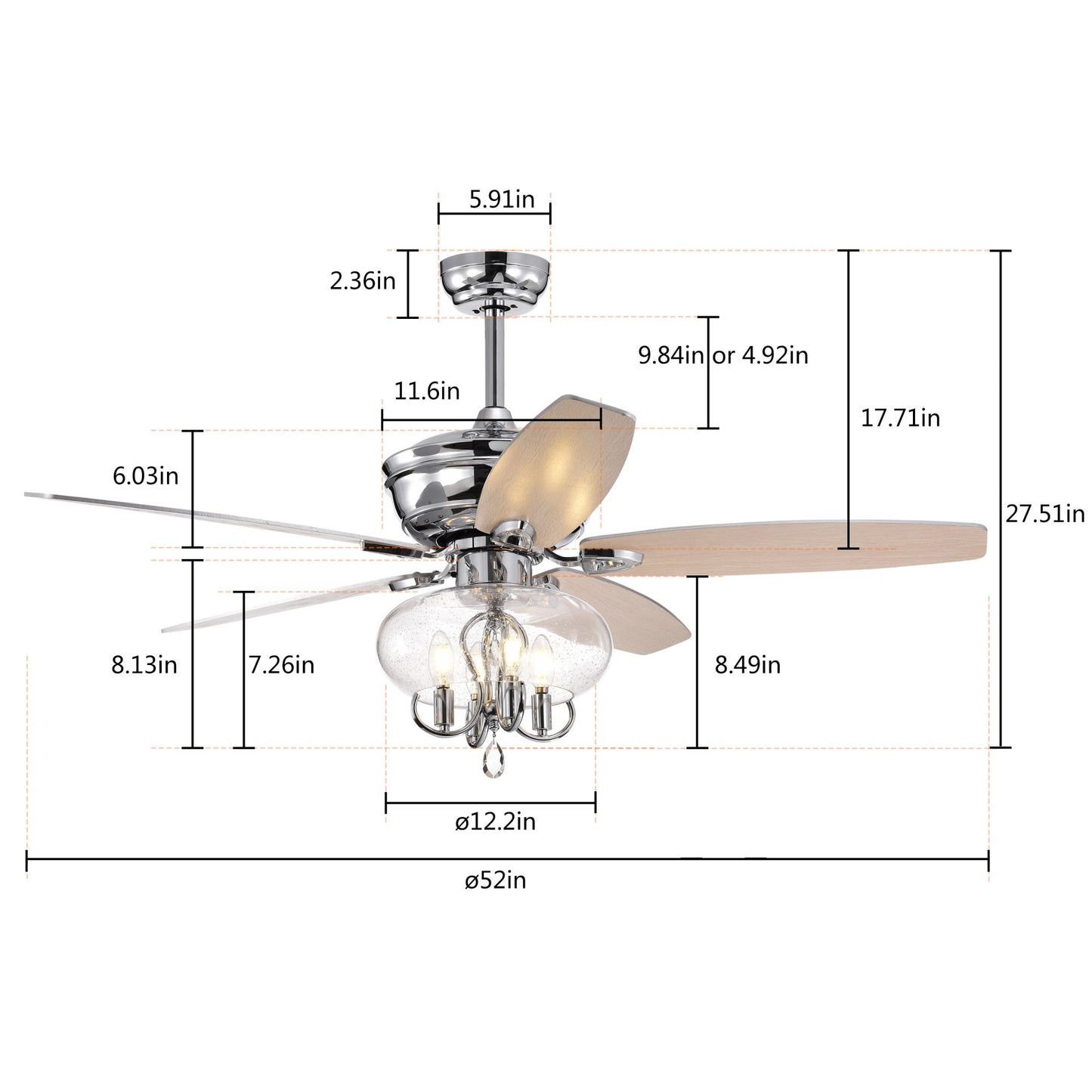 Melysen 52" Crystal Chandelier Fan with Remote, Classic, Glam, Traditional, Transitional for Home, Kitchen, Dining Room, Guest Room, Living Room, Chrome