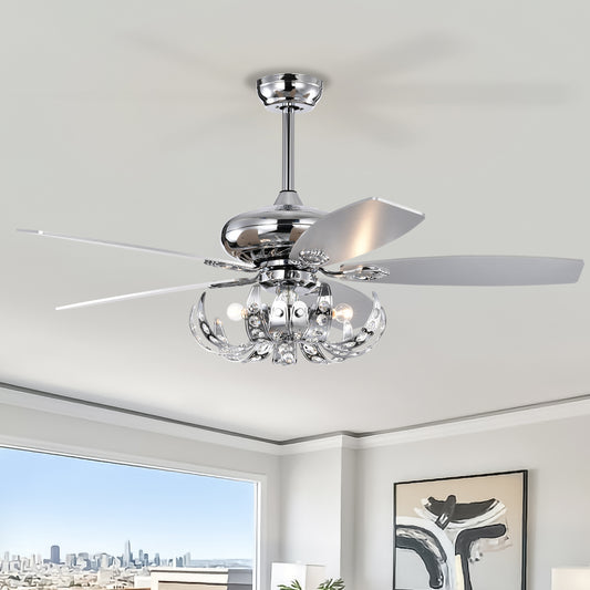 Melysen 52" Crystal Ceiling Fan with 5 Reversible Blades Light Kit and Remote Control, 3-Speed (High, Mid,Low) Adjustable for Living Room, Bedroom, Kitchen