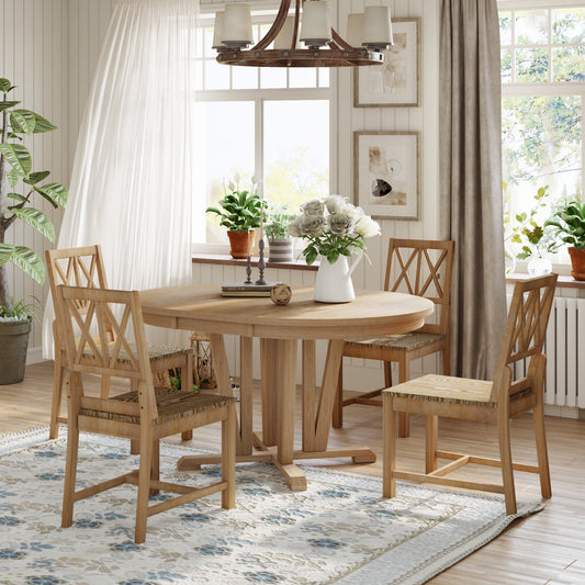 Melysen Rustic 5-Piece Extendable Dining Table Set Round Trestle Table and 4 Cross Back Dining Chairs for Kitchen, Dining Room